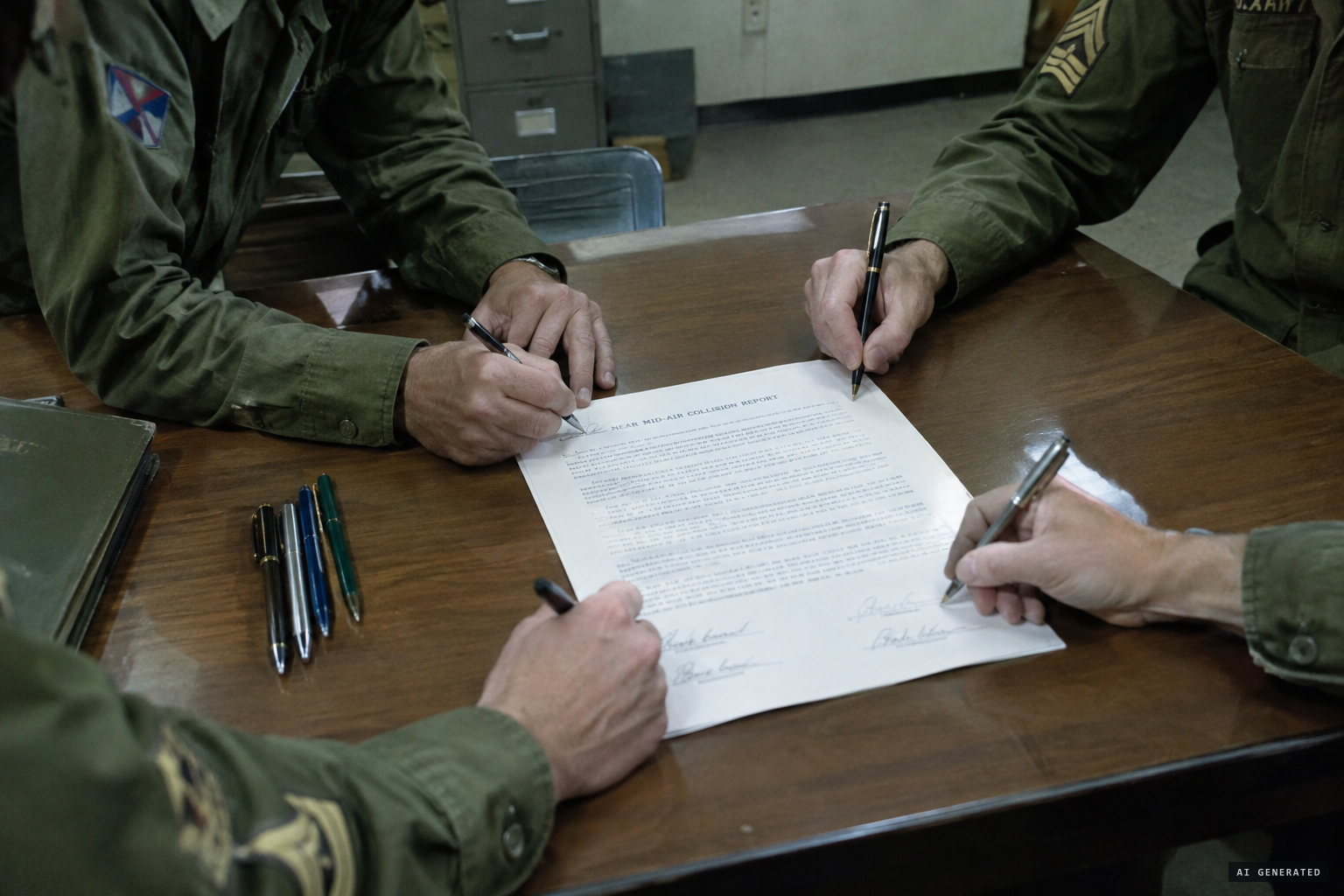 All four crewmen sign the Army near midair collision report