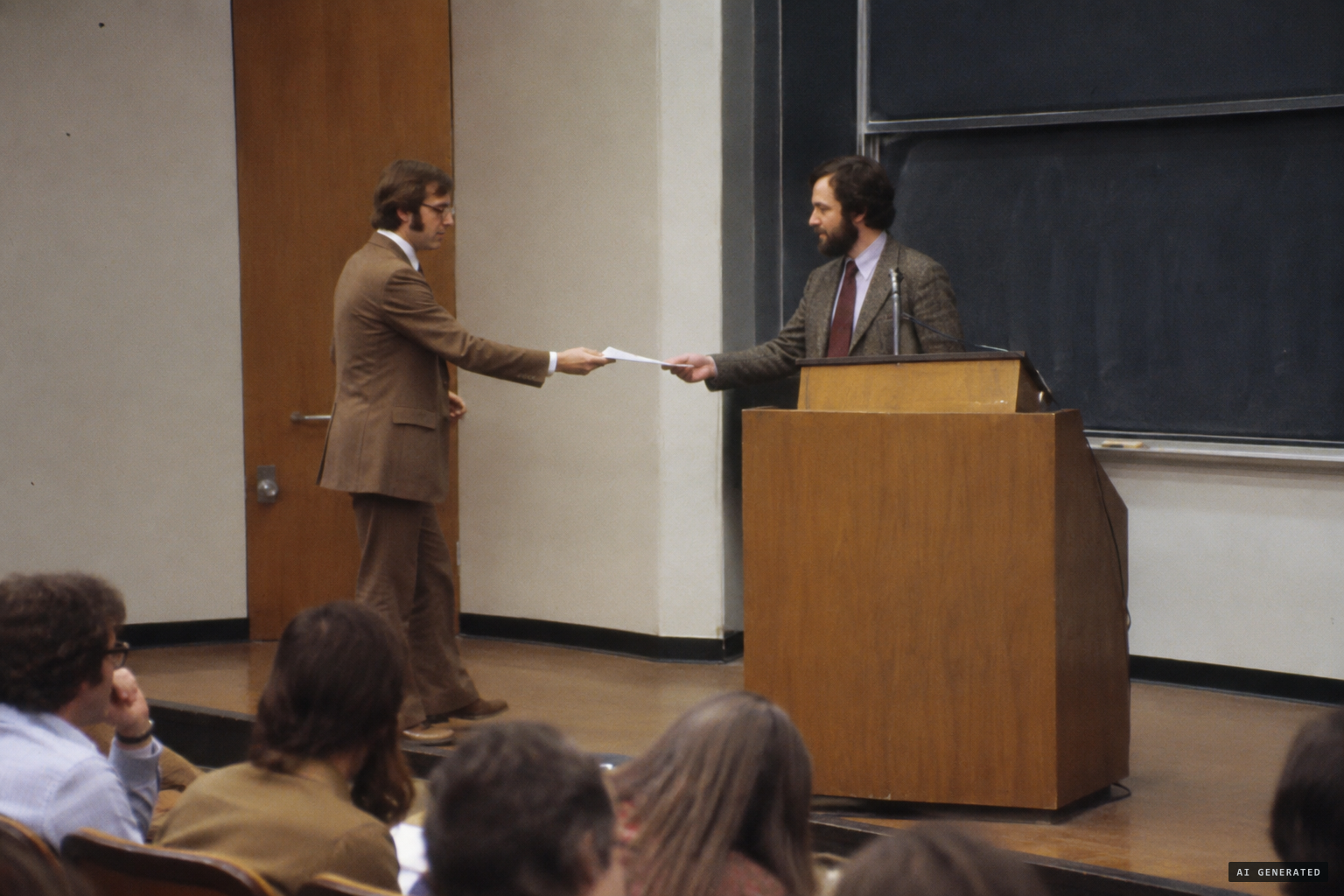 In 1978 the analyst hands Stanton Friedman a typed statement after a lecture