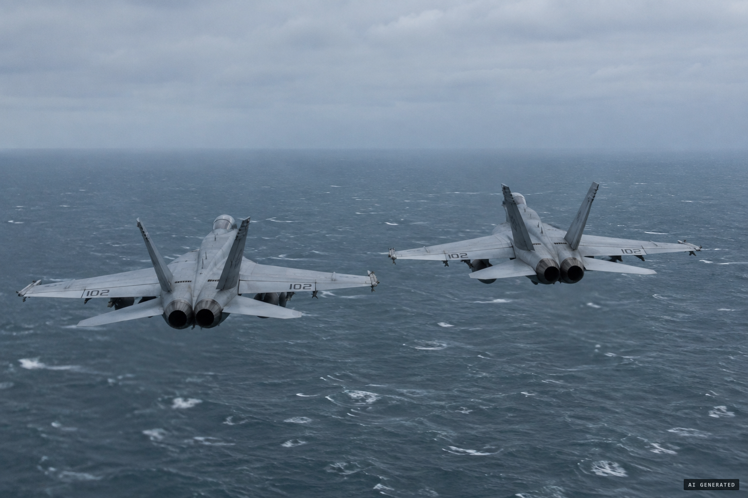 Two Super Hornets fly in tandem toward Warning Area W-72