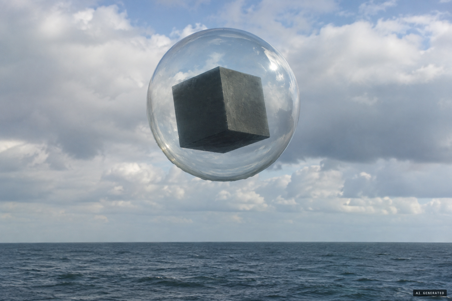 A dark gray or black cube inside a clear sphere