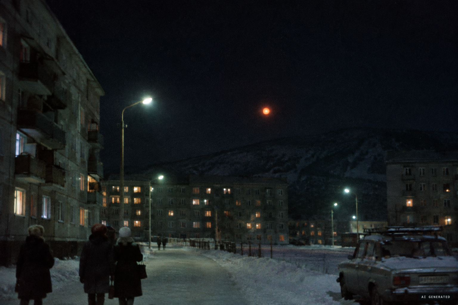 A reddish-orange sphere about half the size of the Moon crosses the night sky