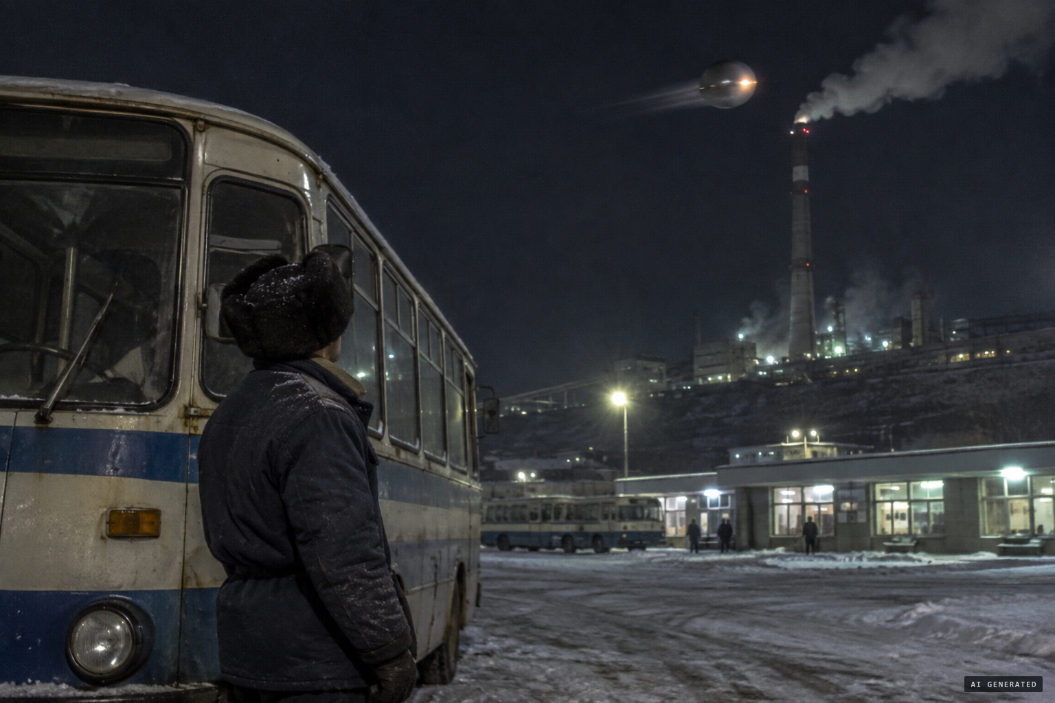 From the bus station, Kondakov watches the smooth metal sphere skim the plant's smokestack