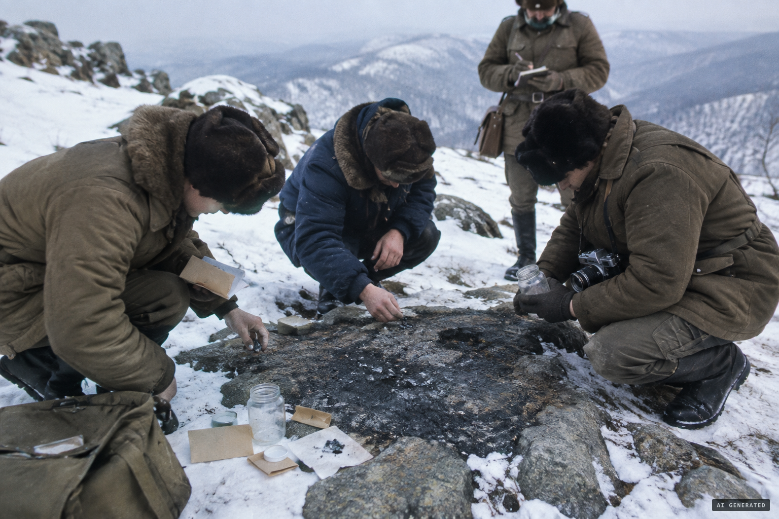 Dvuzhilny's expedition collects lead droplets, glassy beads and mesh from the burned patch