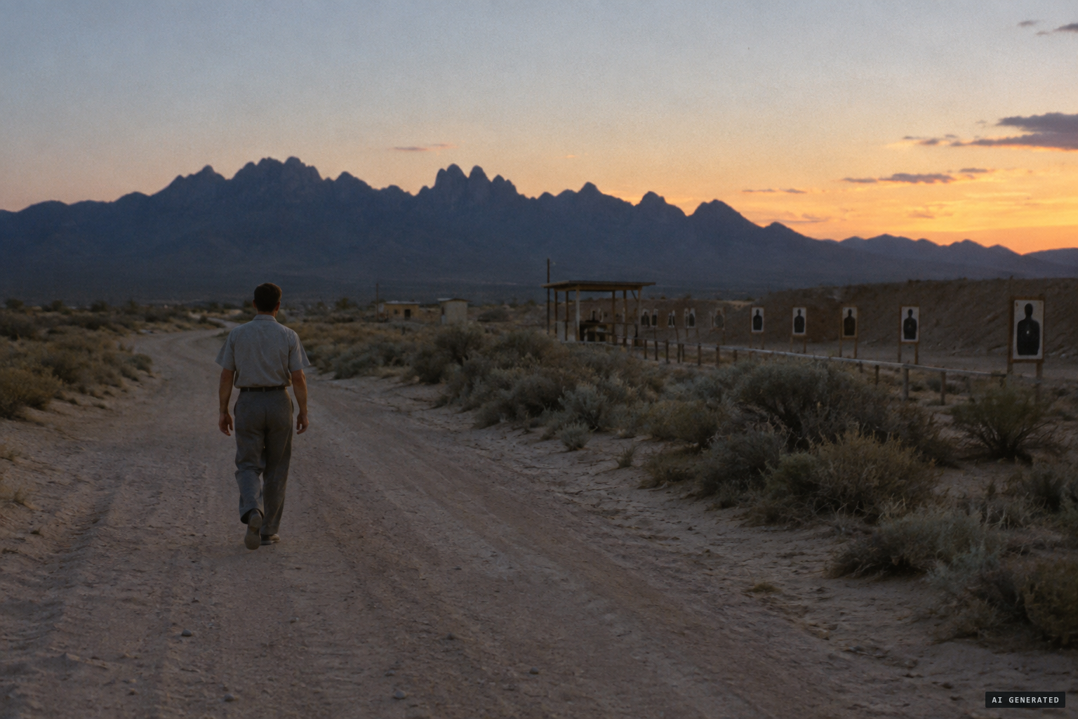Daniel Fry walks out past the rifle range toward the Organ Mountains on the evening of July 4, 1950.
