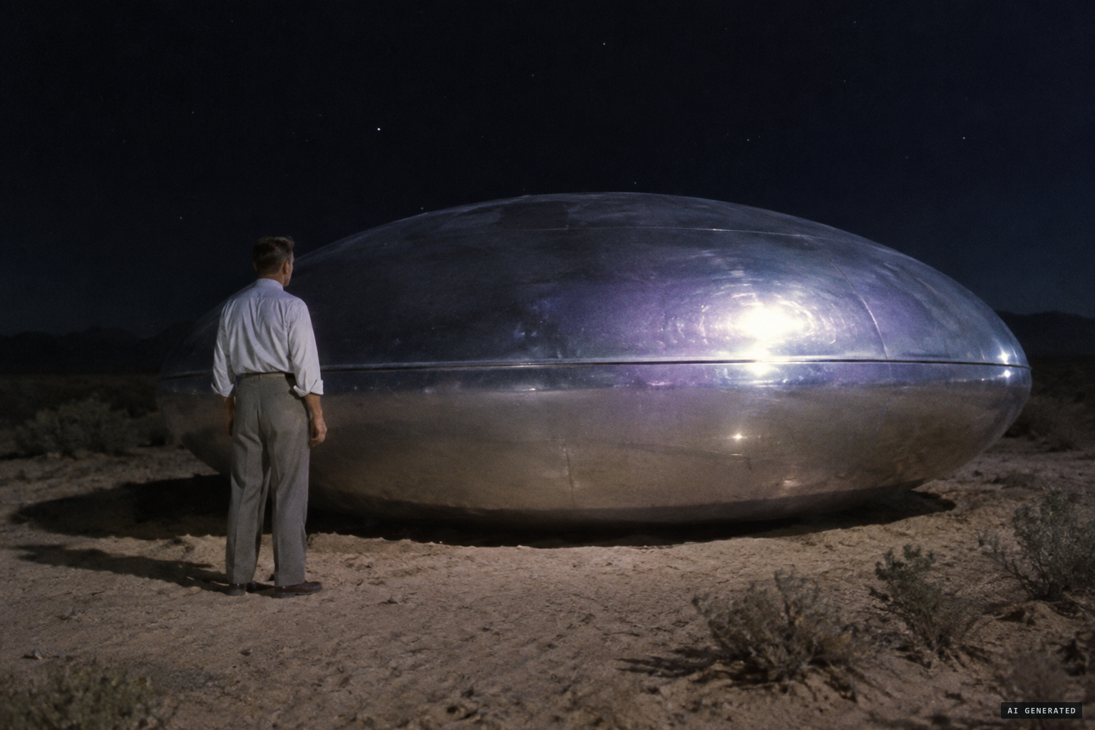 An ovate spheroid of polished silver with a slight violet iridescence.