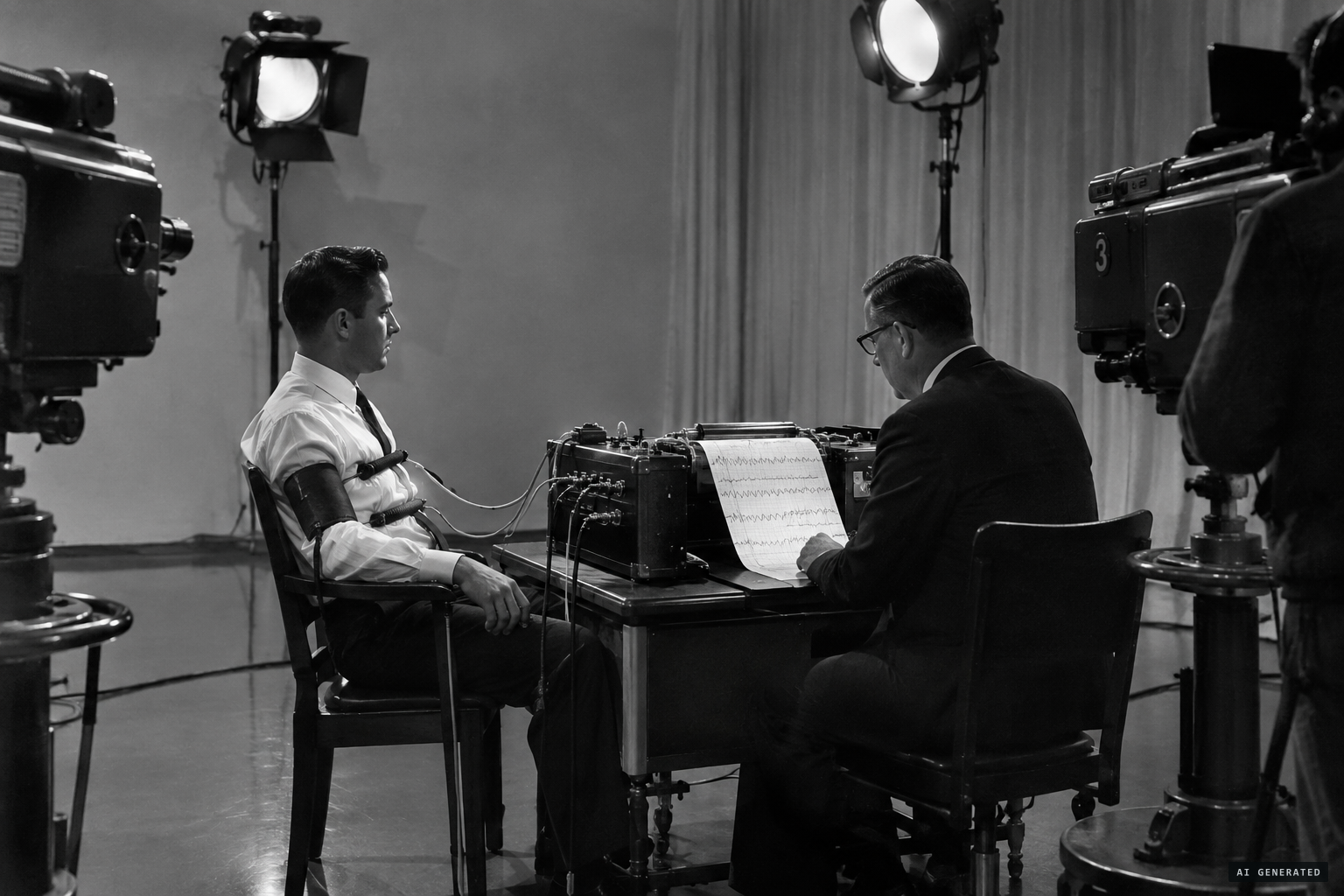 Fry takes a polygraph on Confidential File; the examiner calls him deceptive.
