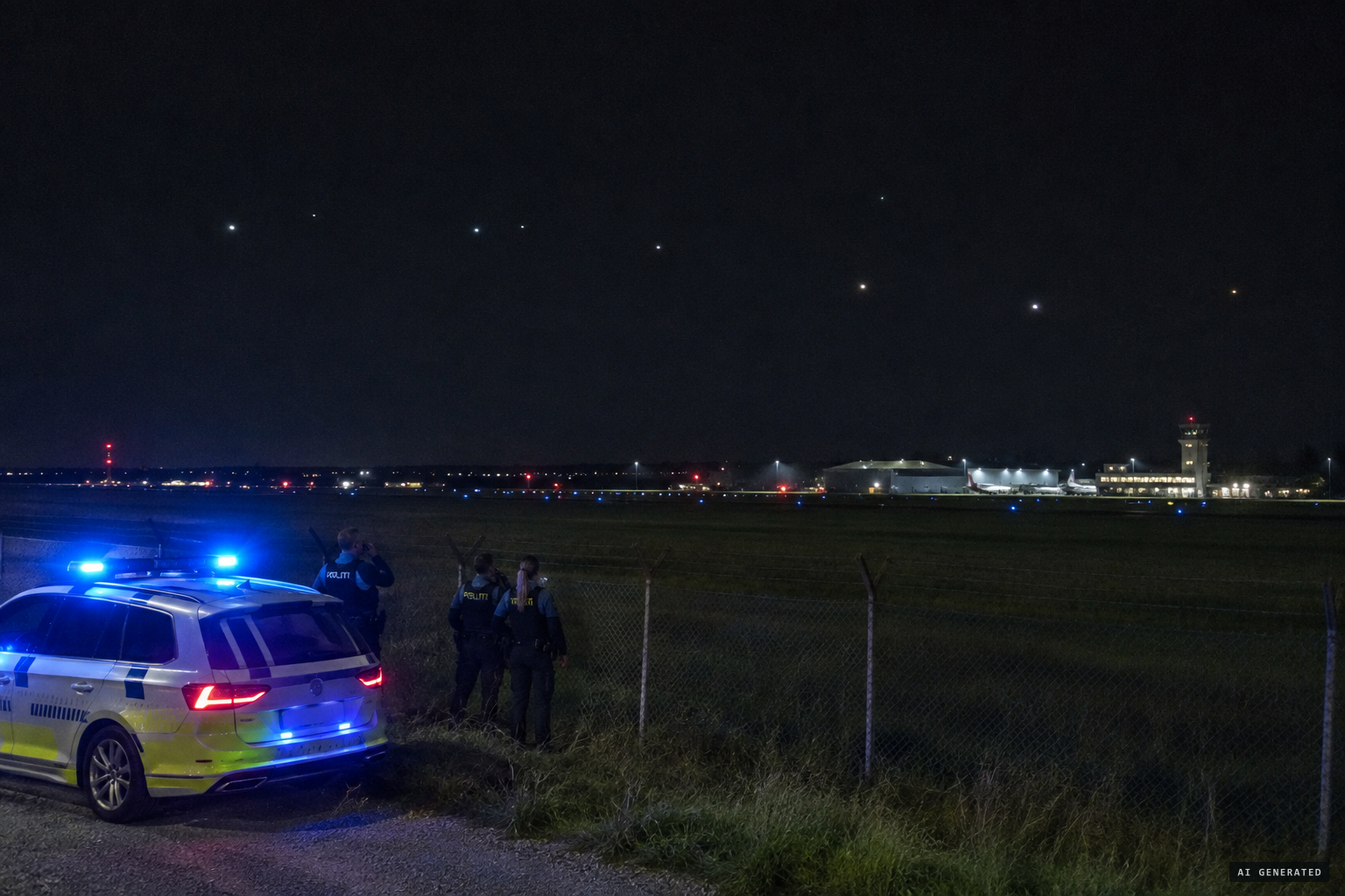 Aalborg: more than one drone flying with lights on over a very large area