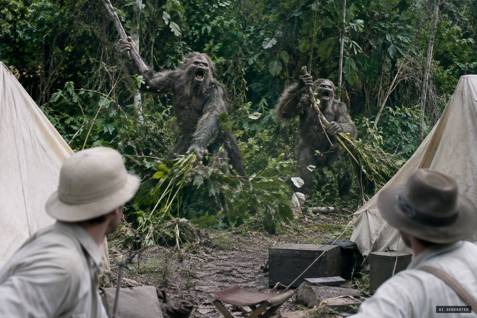The creatures advance howling, gesturing and breaking branches.