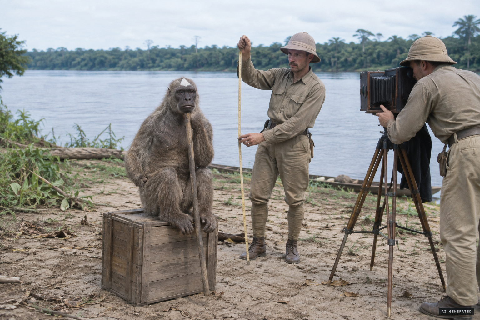 The body is propped on a crate with a stick under its chin and measured at 1.57 m.
