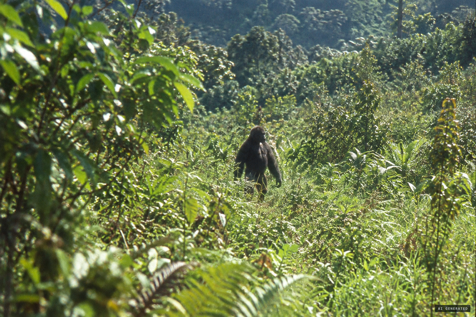 An upright, dark-furred figure crosses the sunlit valley about 30 metres away