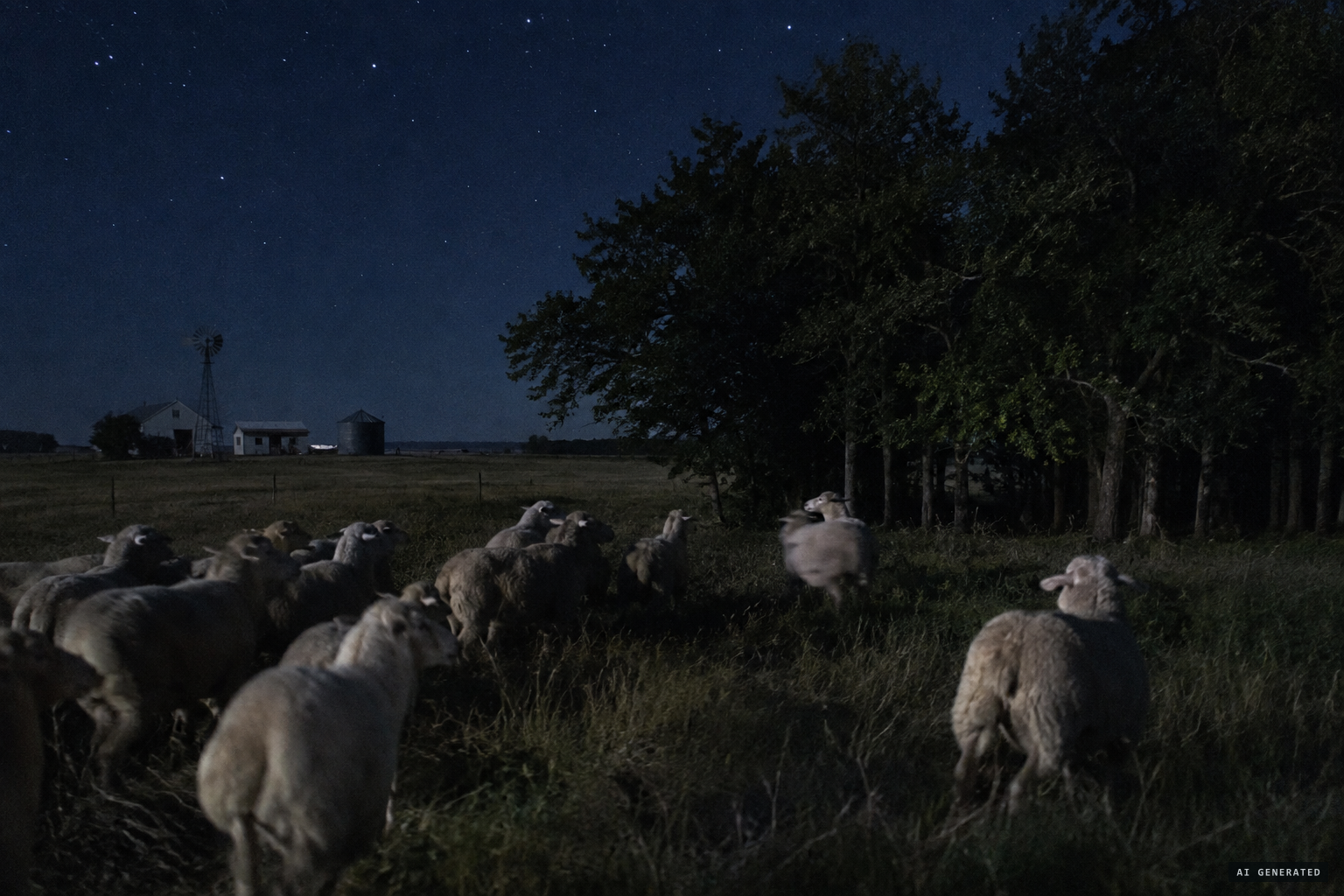 The sheep bellow as a rumbling noise comes from the grove