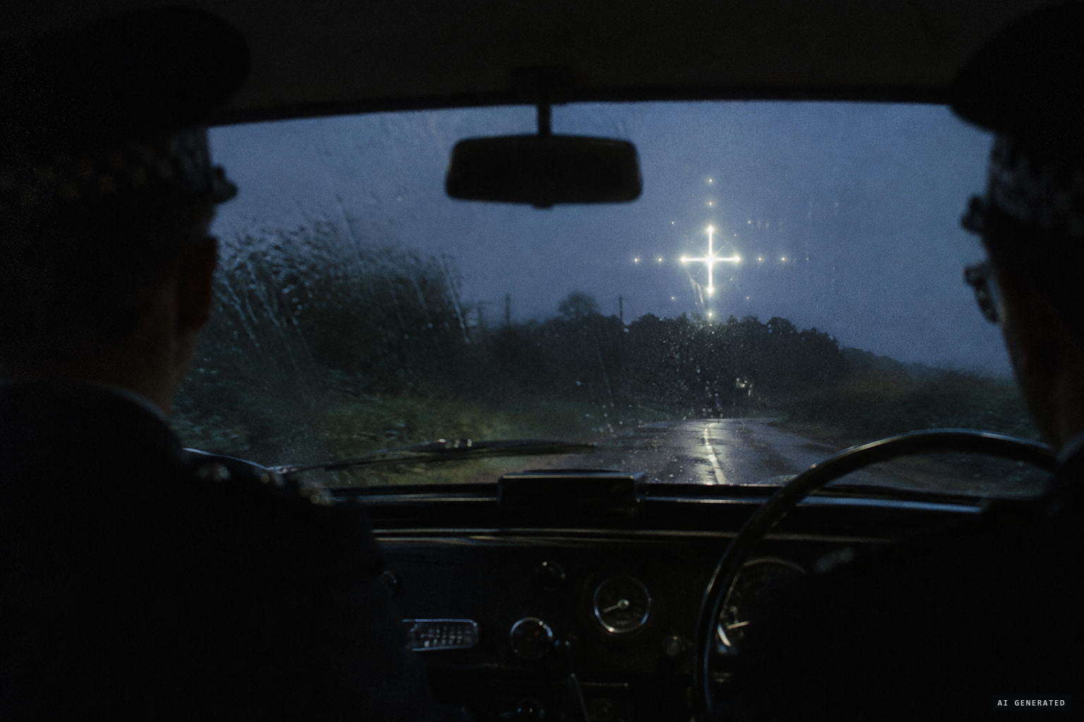A silent, pulsating star-spangled cross above the trees ahead