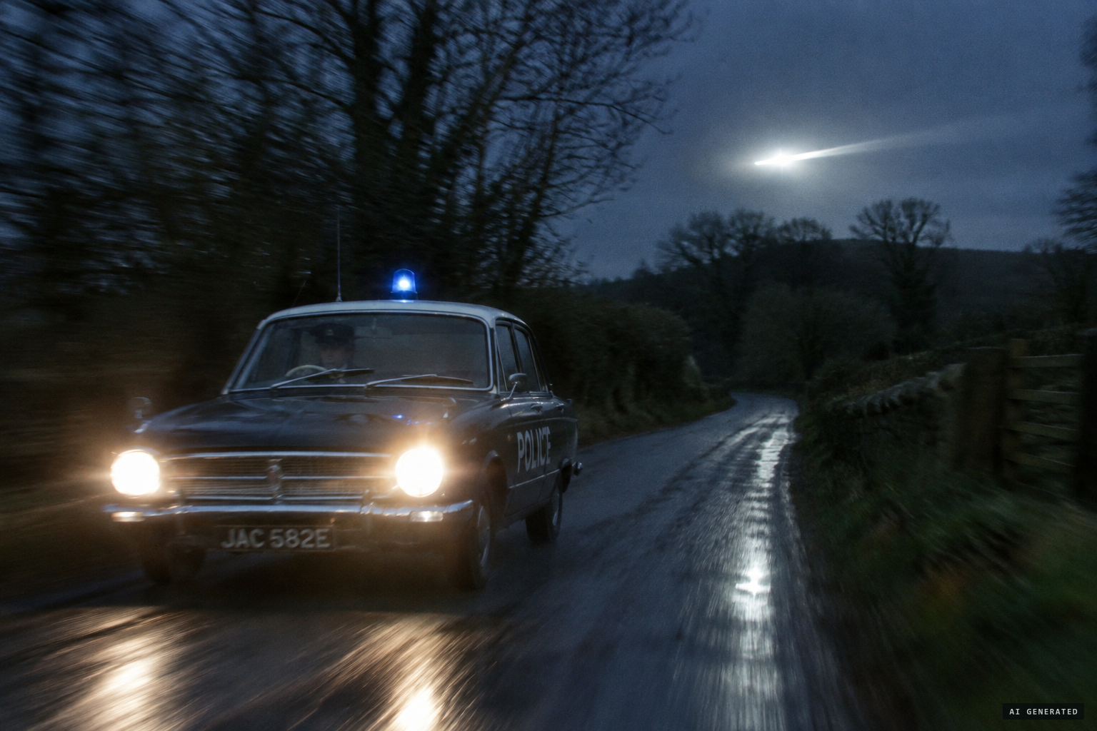 The police car hits 90 mph chasing the light over the treetops