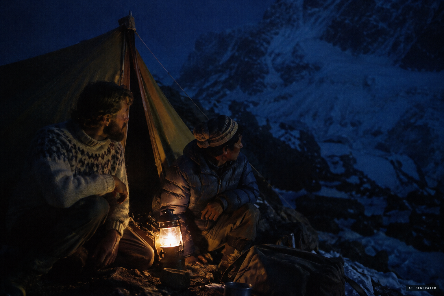 In the dark, odd cries, and the Sherpa says calmly: "Yeti coming"