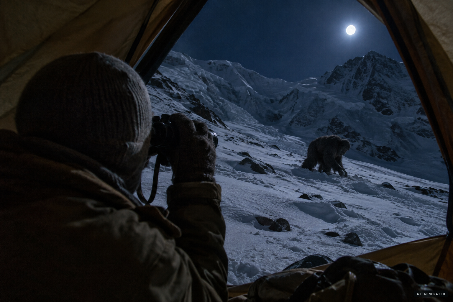 Through binoculars, a powerful ape-like animal seems to search for food in the snow