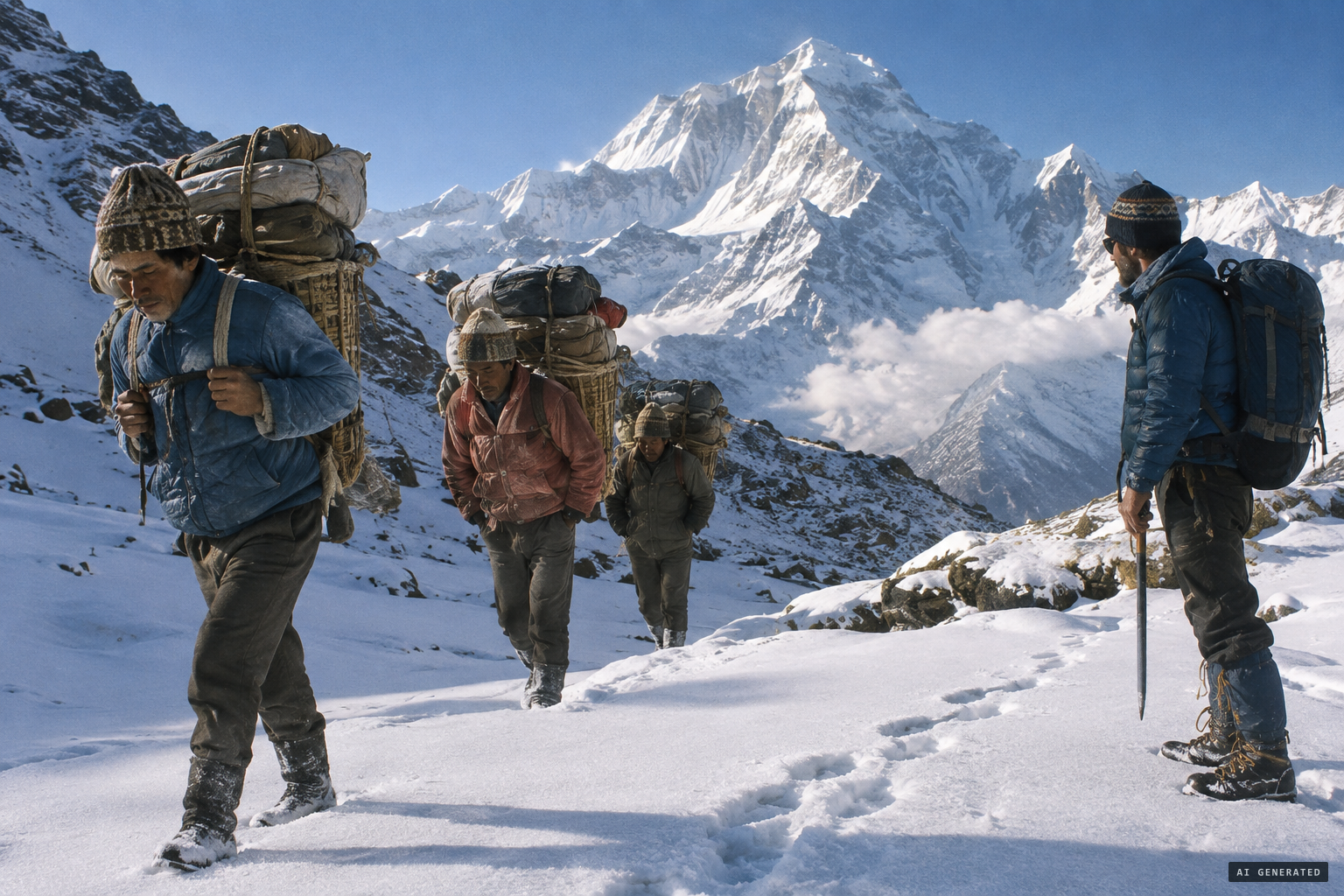 In the morning the Sherpas ignore the tracks as if they did not exist