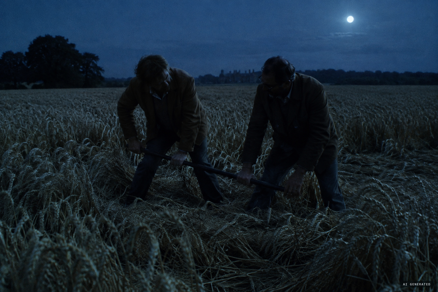 Using the gallery's iron security bar to flatten the first circle in a wheat field