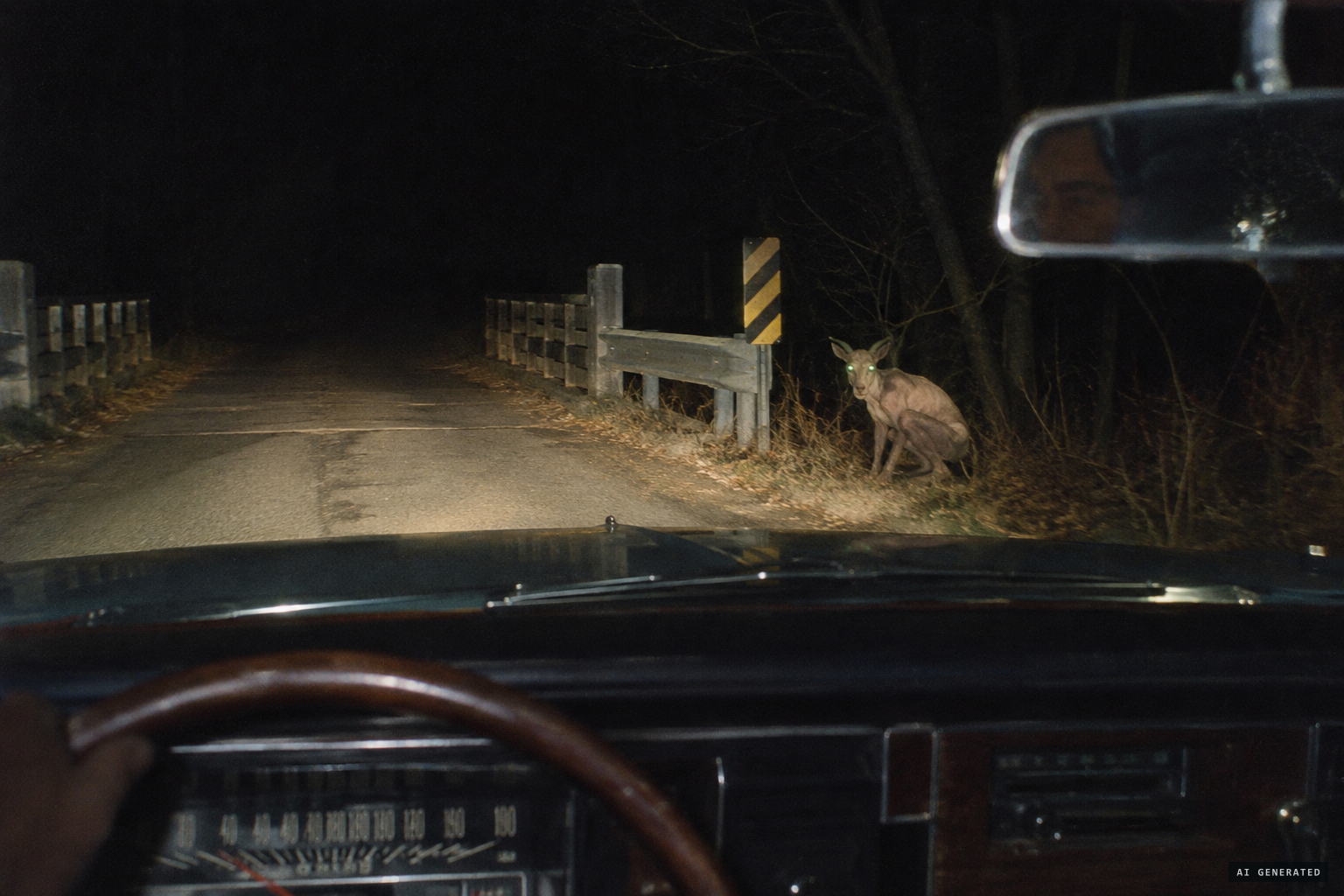 At the bridge on Springdale Avenue, glowing green eyes stare at the car