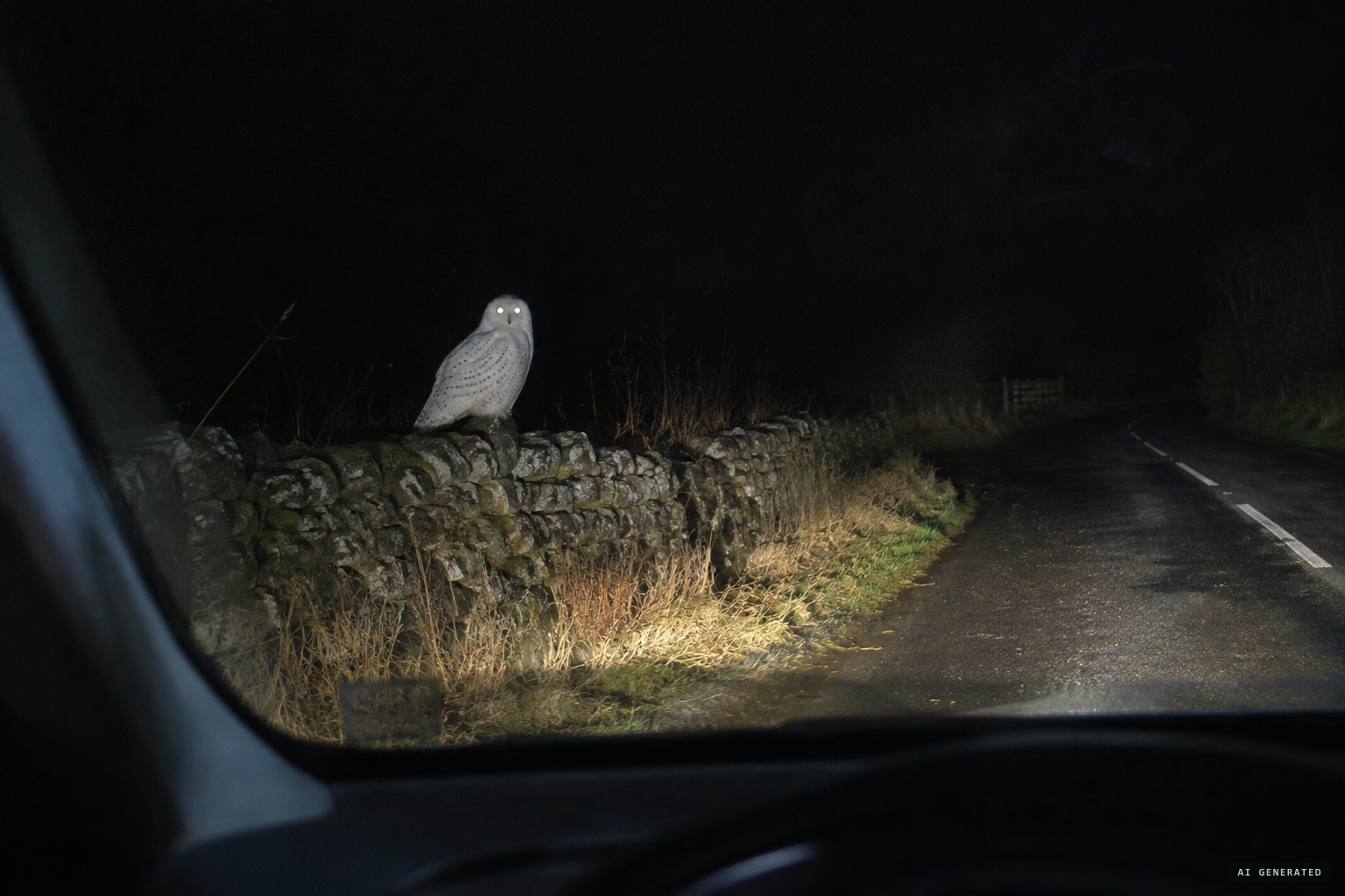 The skeptics' theory: a snowy owl caught in headlights