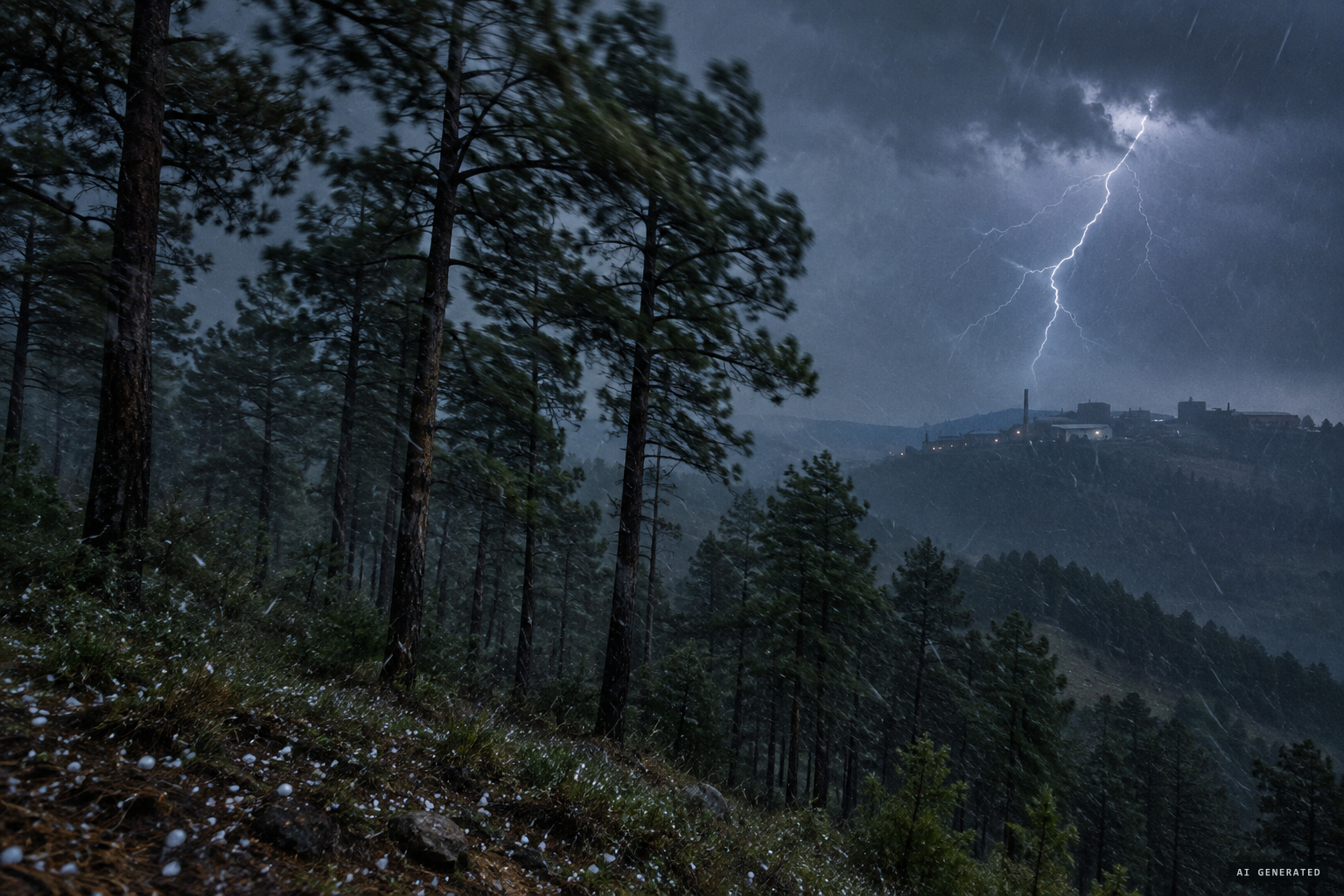 Duxi Forest Farm's tall Masson pines on a stormy night of lightning, hail and squalls