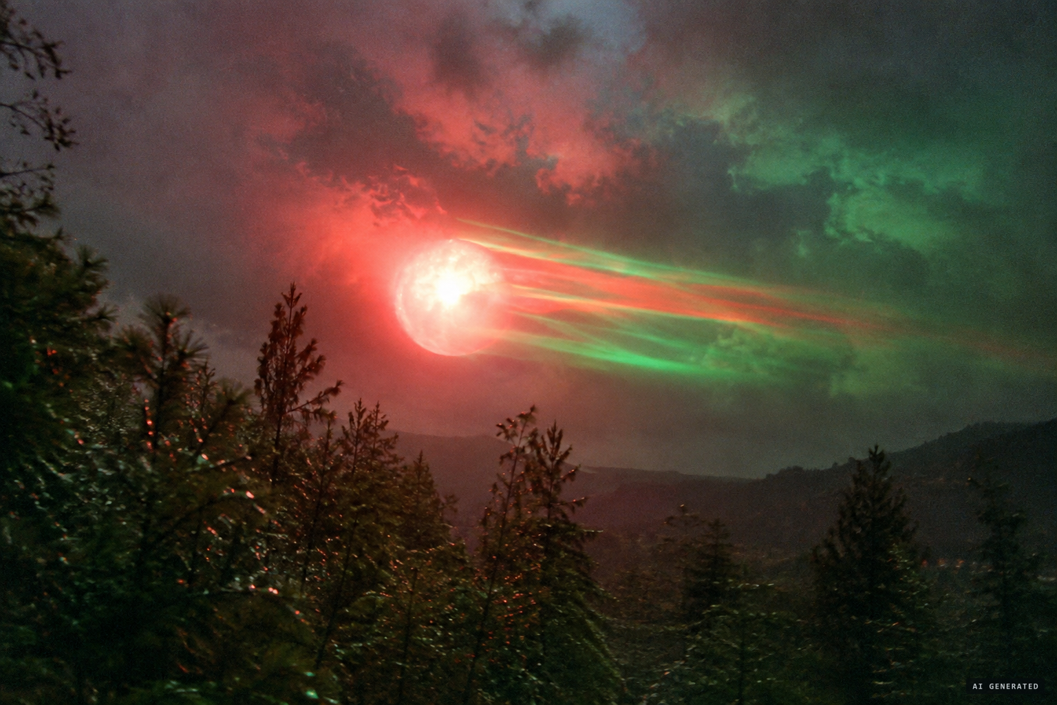 A huge ball of light, alternating red and green, flies past from west to east