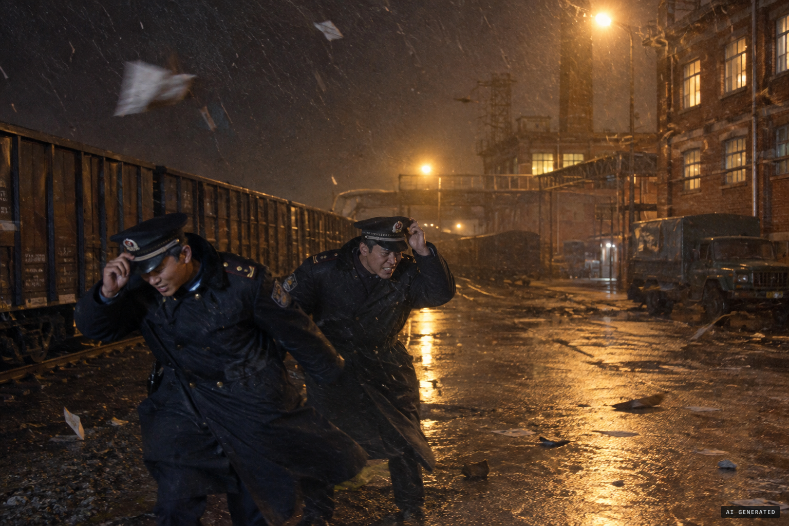 Two duty officers at the factory feel a violent gust lift them off the ground