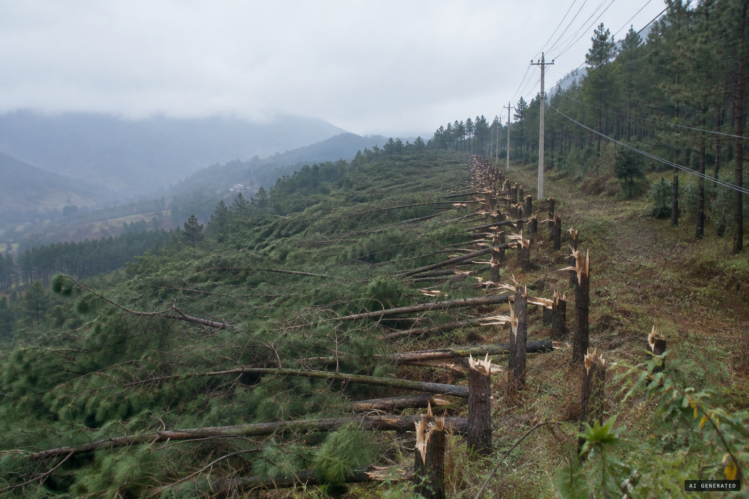 About 27 hectares of pine snapped at head height, with the tops dumped to the west