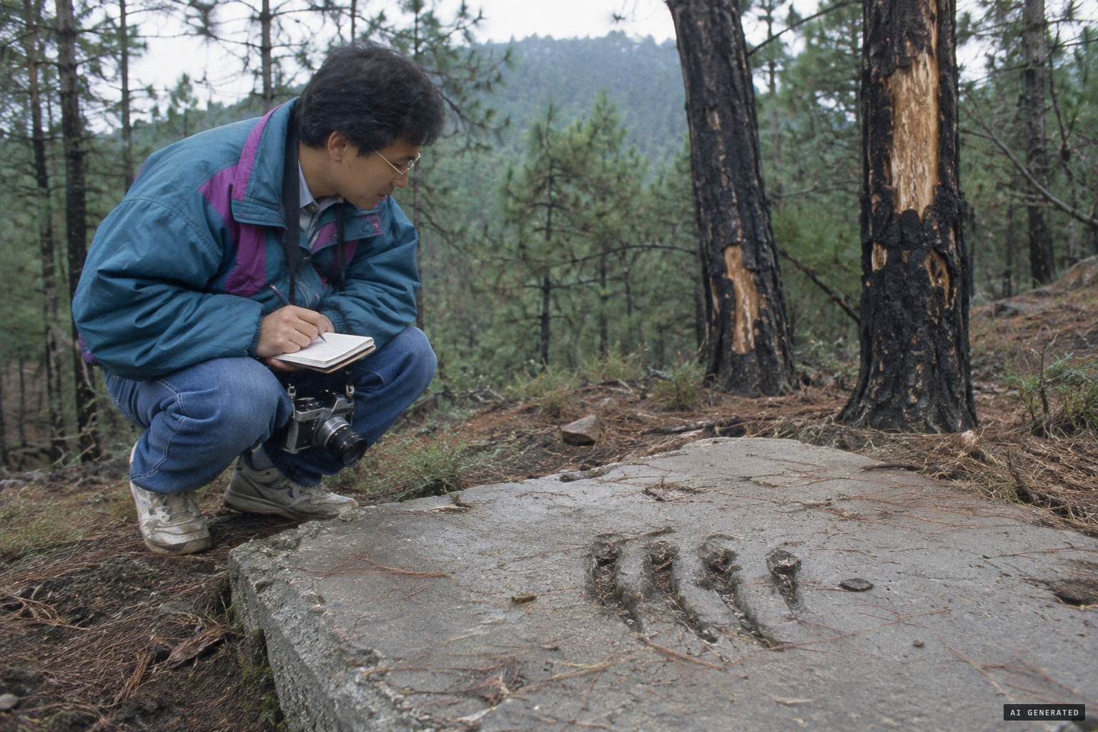 Hu Qiguo records 'dragon-claw prints' on concrete and burnt bark
