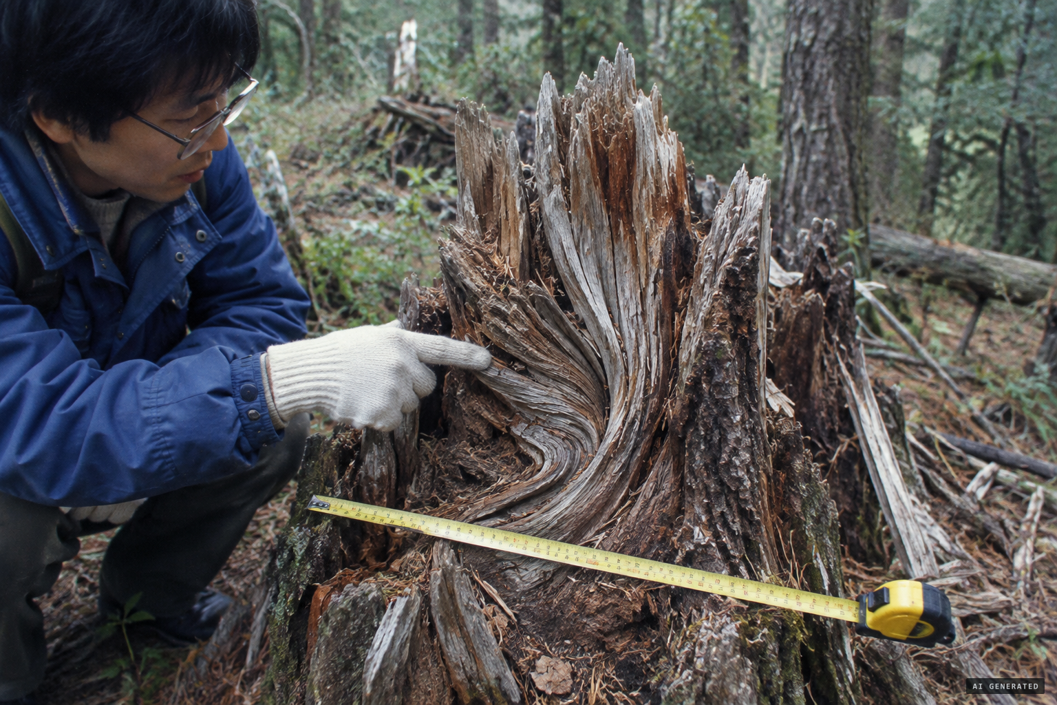 Twisted stumps are cited as evidence of a downburst or land tornado