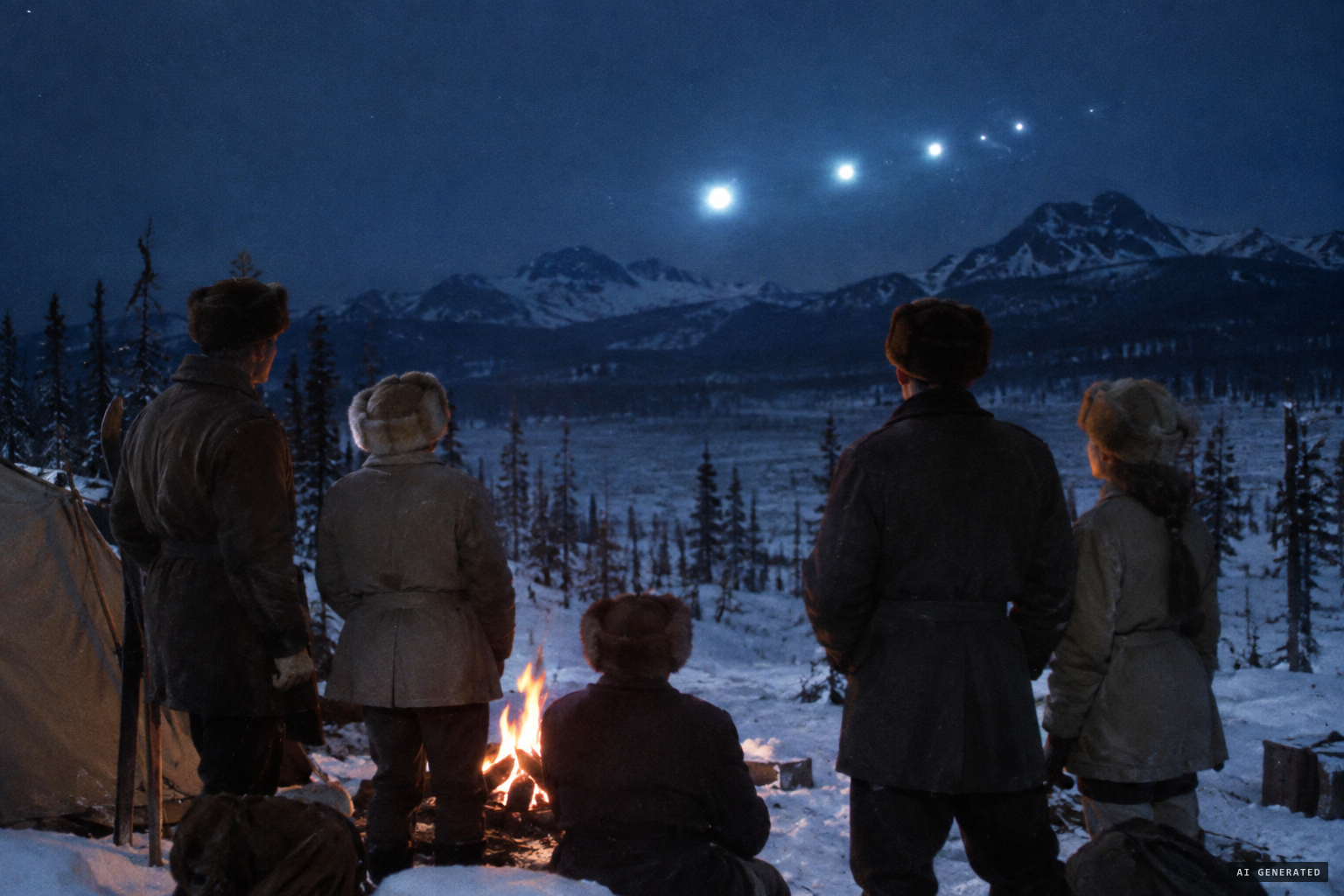 The Blinov group watches glowing, pulsating orbs flying toward Kholat Syakhl