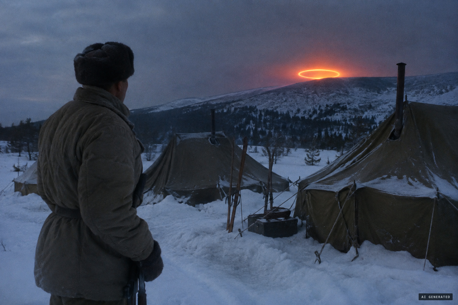 Meshcheryakov, on duty, sees a large fire-coloured ring in the east