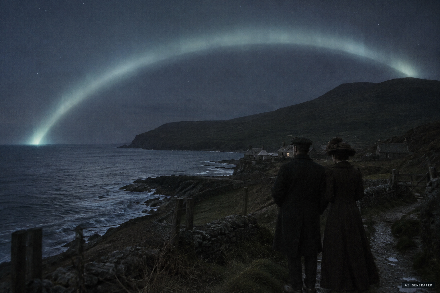 A luminous arch, one end on the sea, the other on the hill-top