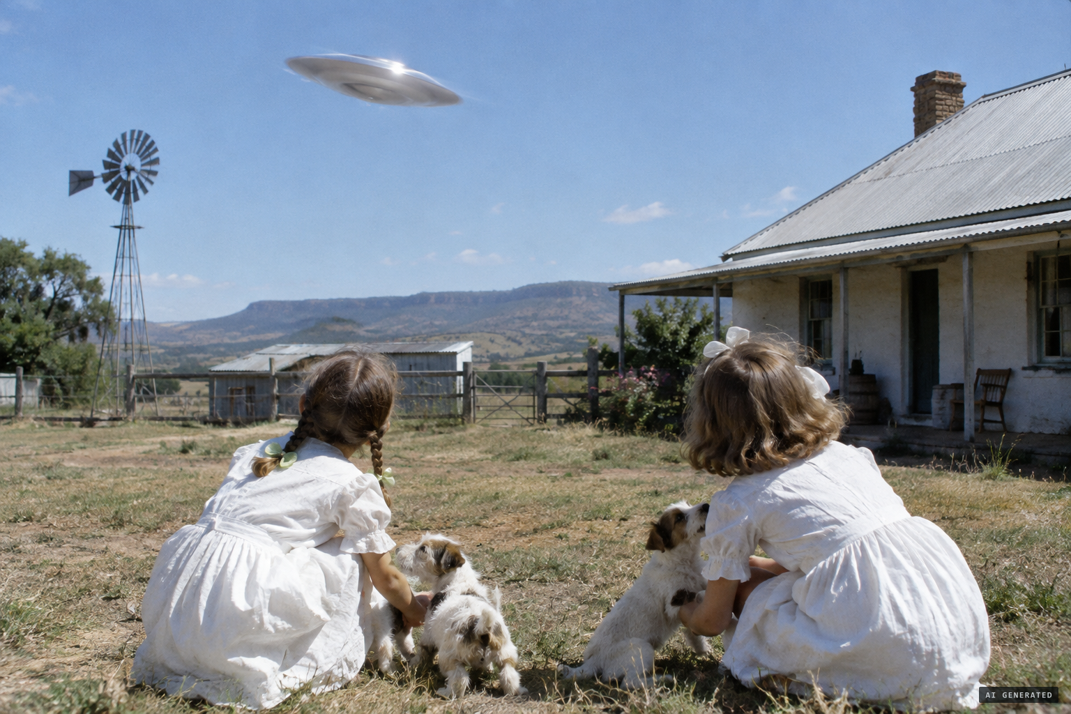 As a child, Elizabeth and her sister see a silver disc bathed in a pearly luster swoop over them