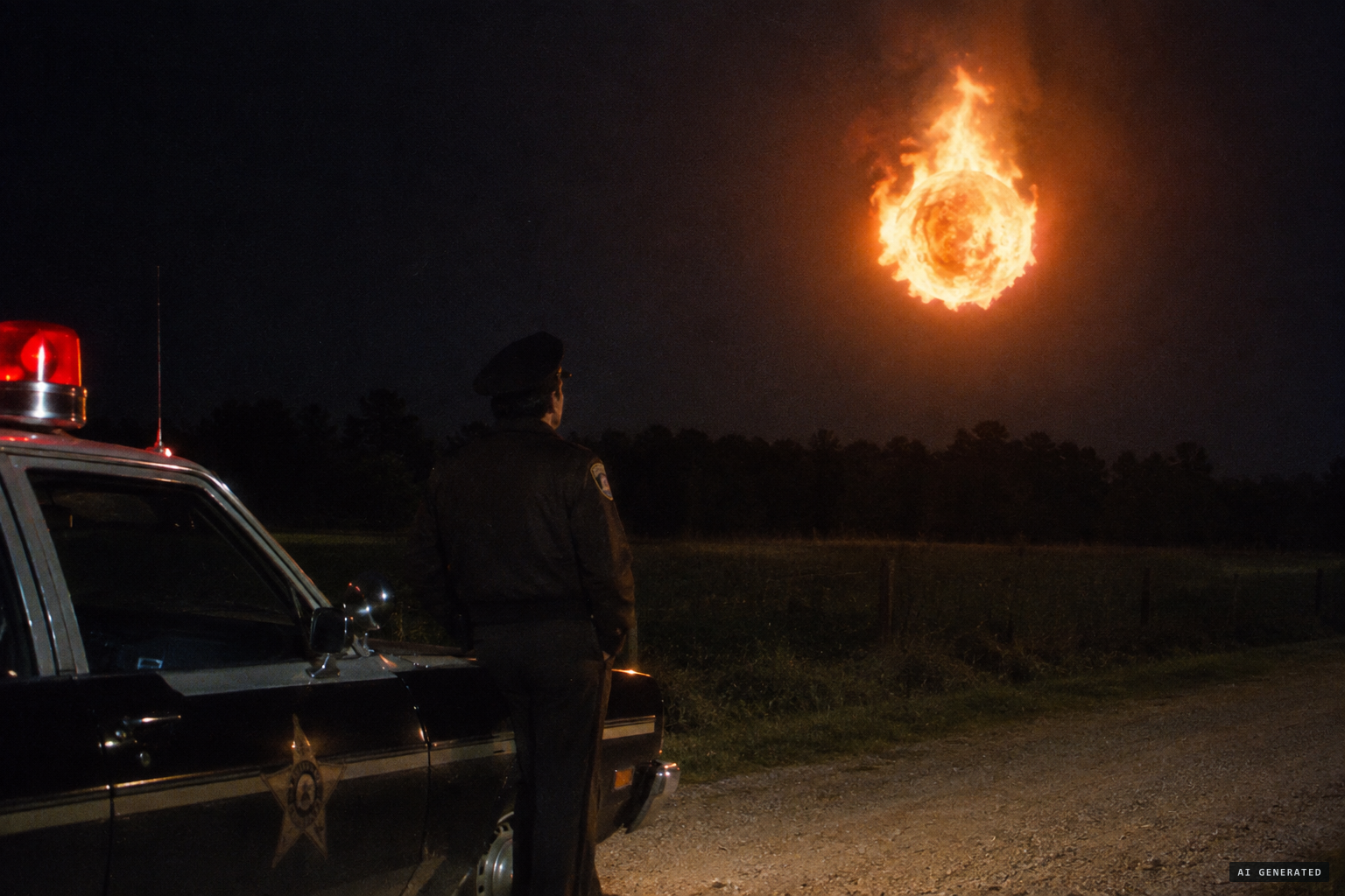 April 1975: Wheeler's first sighting, a flaming ball the size of a football field north of Elmwood