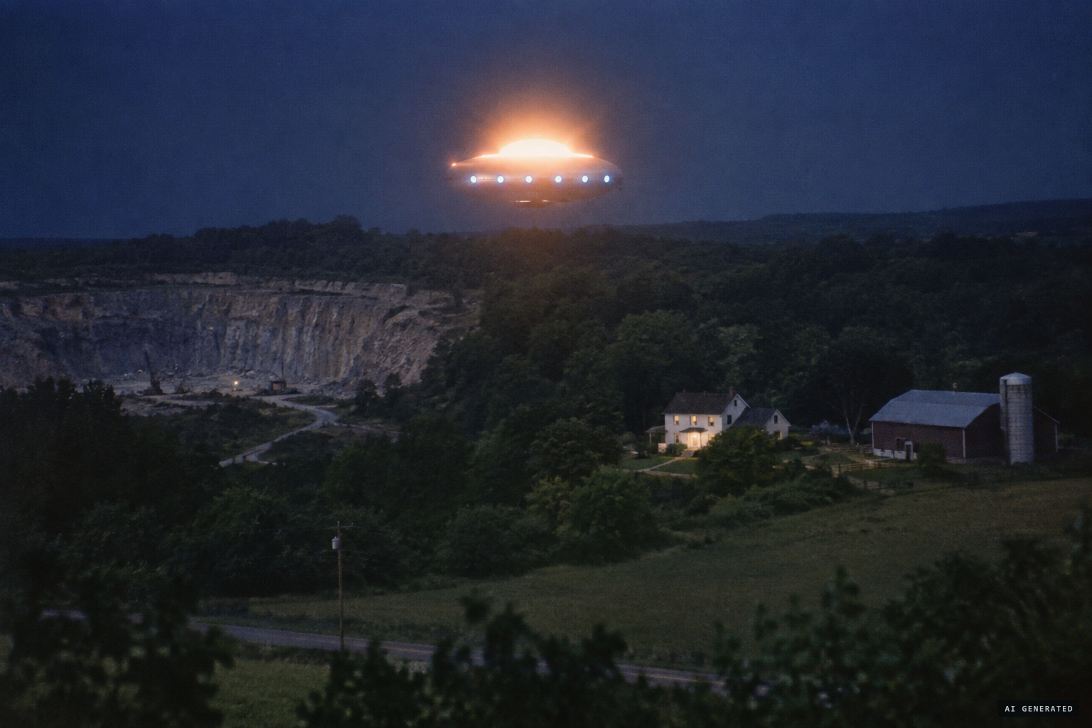 A silver craft hovers about 100 feet up, its top glowing orangish-white, 'like looking into the sun'