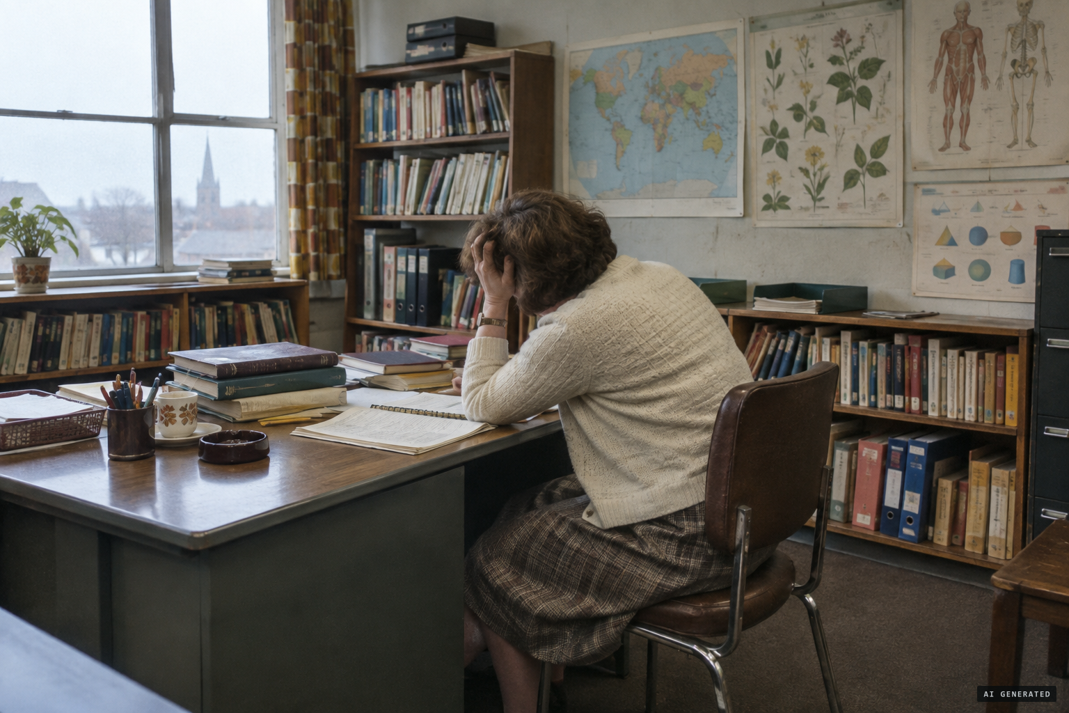 At lunch, a sudden intense pain grips Elsie Oakensen's head