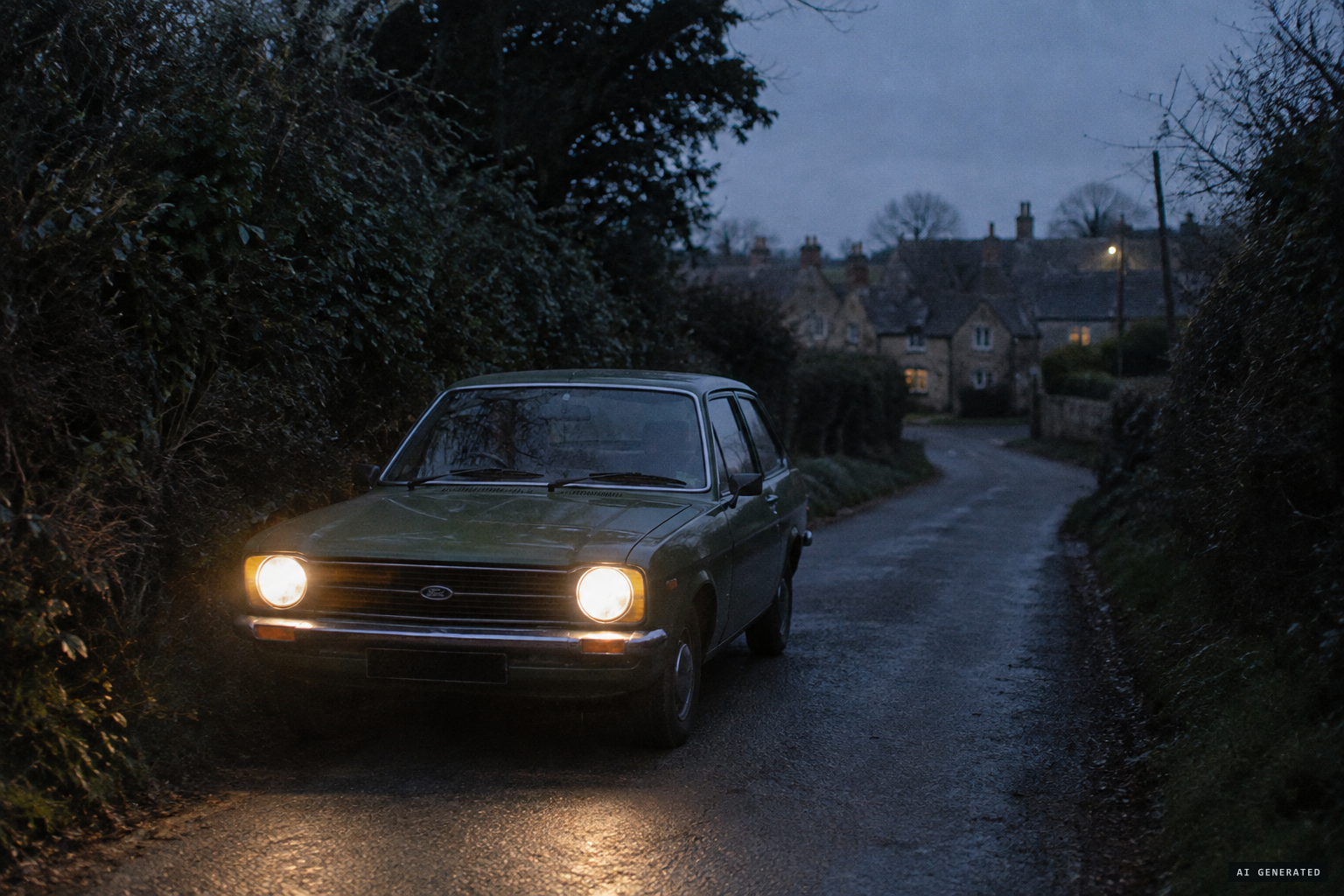 In Church Stowe the engine cuts out while the headlights stay on, and the car coasts to a halt