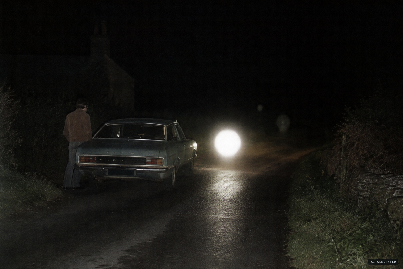 Engine and lights die, and piercing white circles of light appear around the car