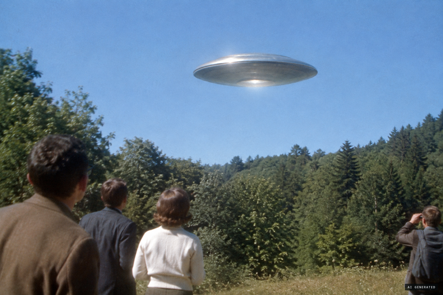 A large, round, silvery object hangs silently above the trees