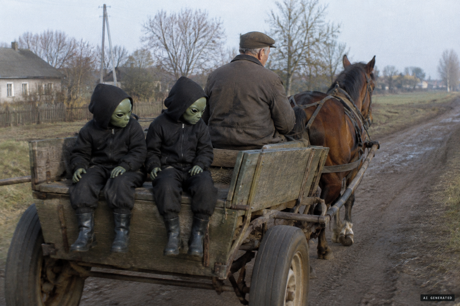 Two short beings in black hooded suits ride on the back of Wolski's cart