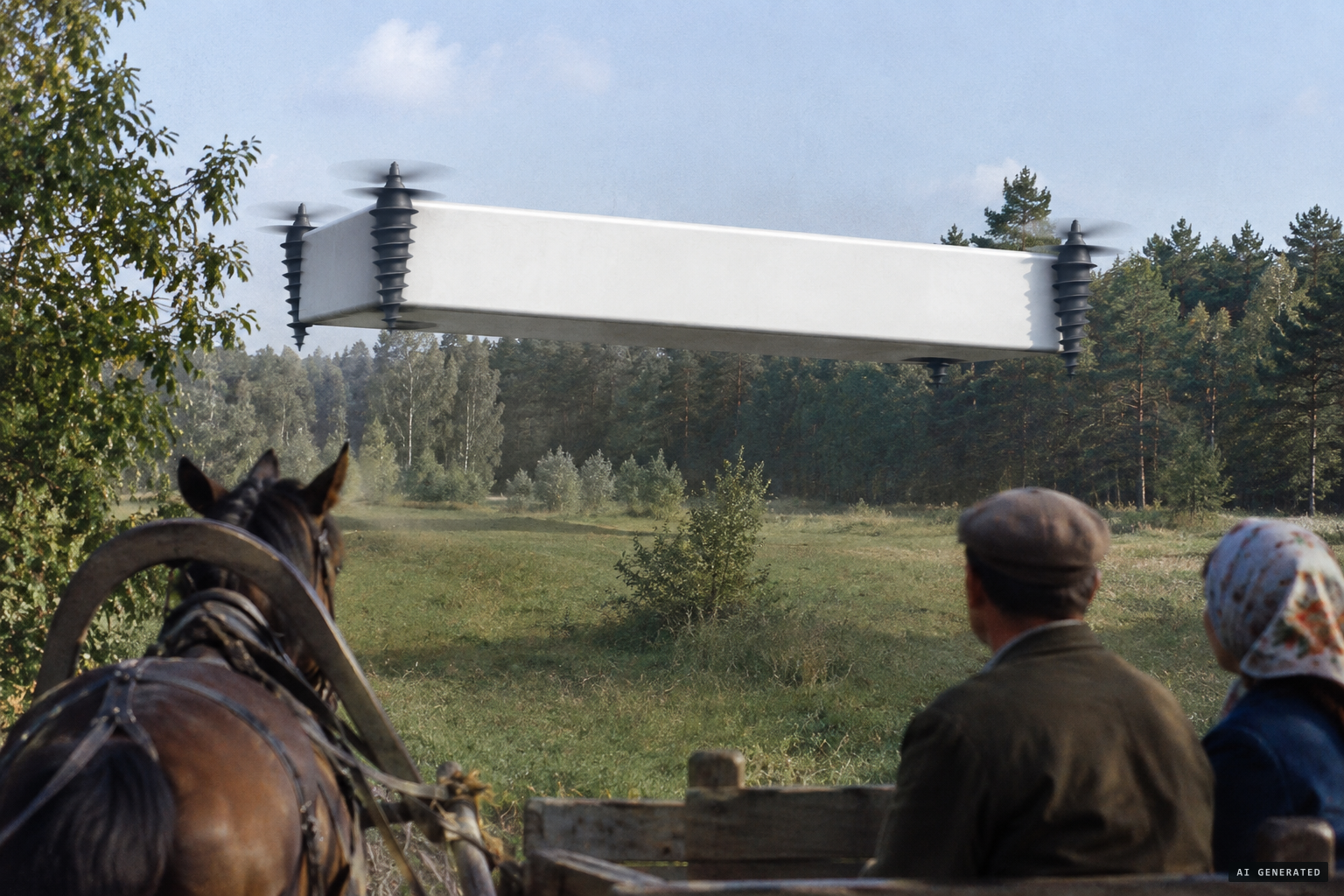 The pure white craft, as long as a bus, hovering with a spinning drill at each corner