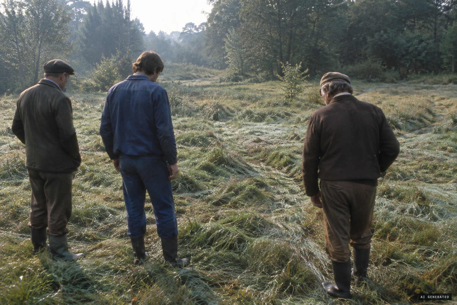 Wolski's sons and a neighbour find trodden, dewy grass at the clearing