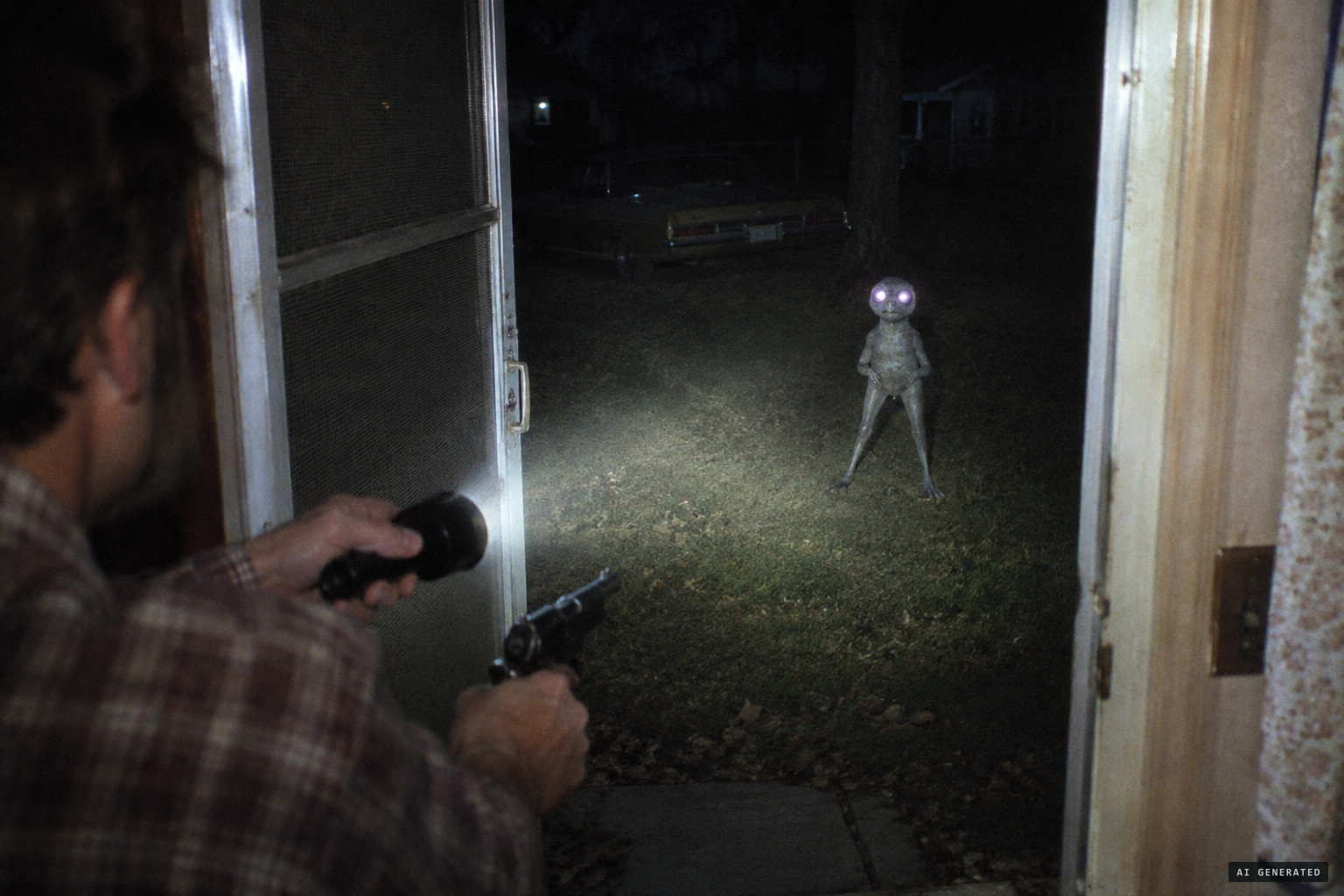McDaniel opens his door to a gray, three-legged creature with pink eyes as big as flashlights