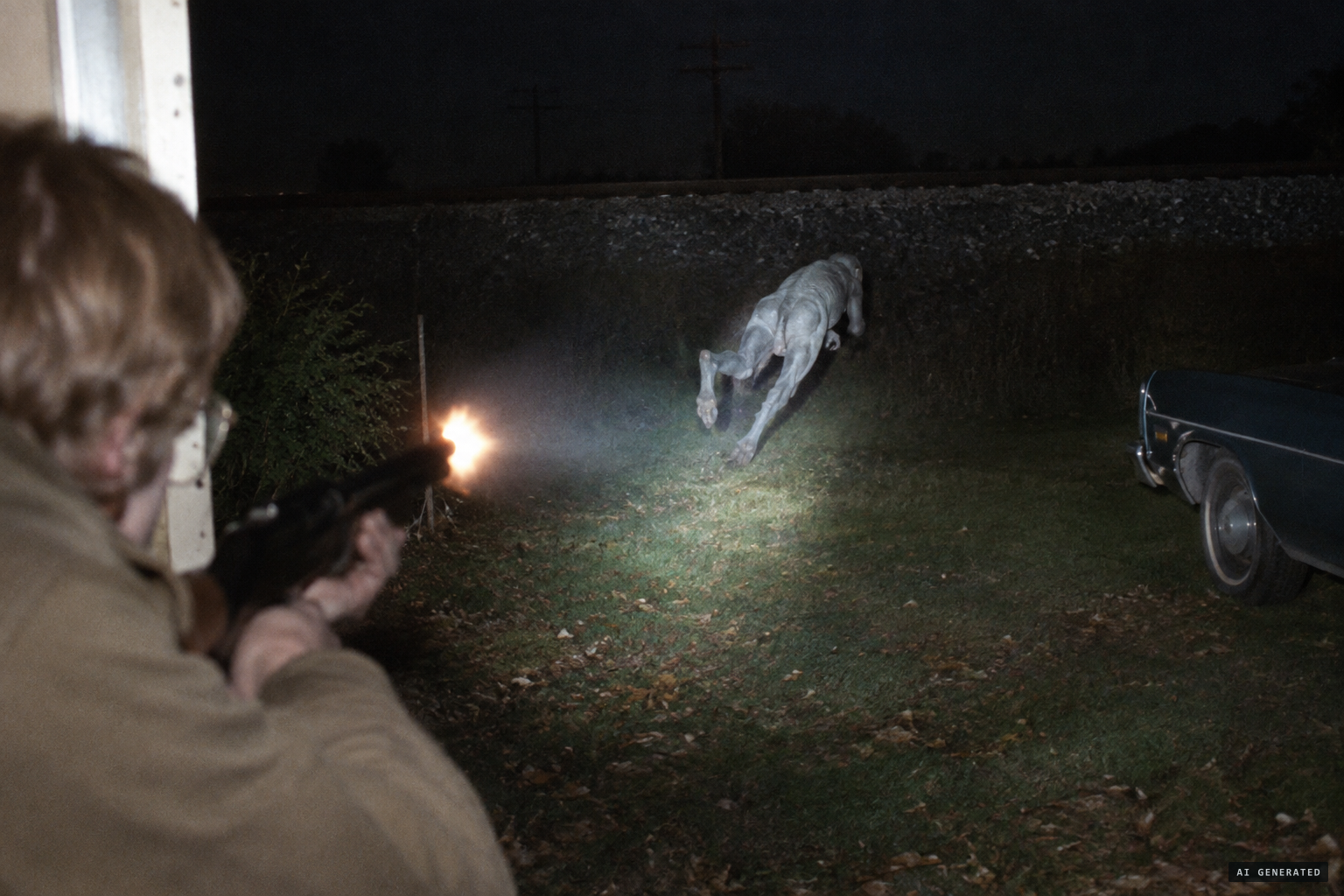 Shot, the creature hisses and covers 50 feet in three jumps toward the railway embankment