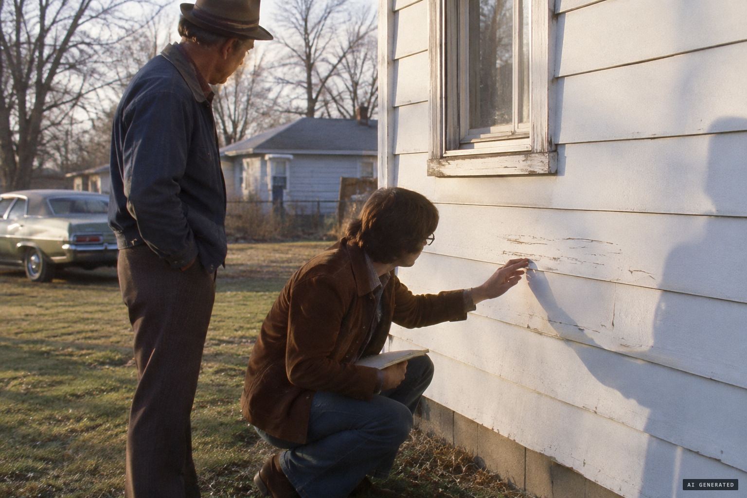 Loren Coleman interviews witnesses and inspects the damaged siding