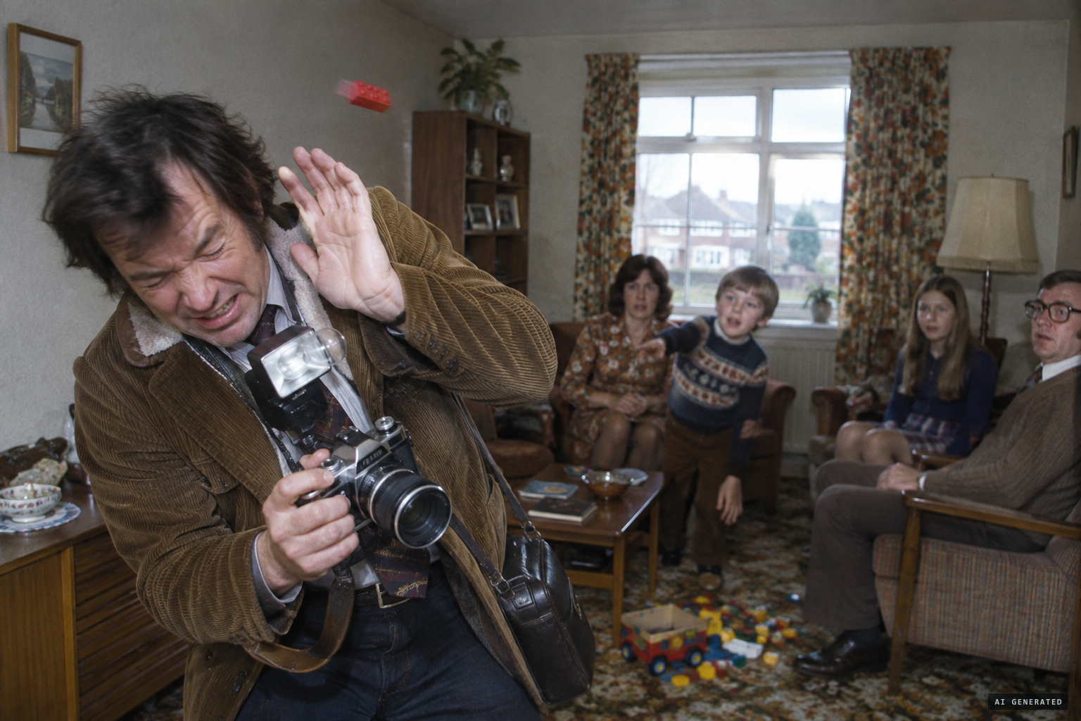 Daily Mirror photographer Graham Morris is hit by a flying Lego brick