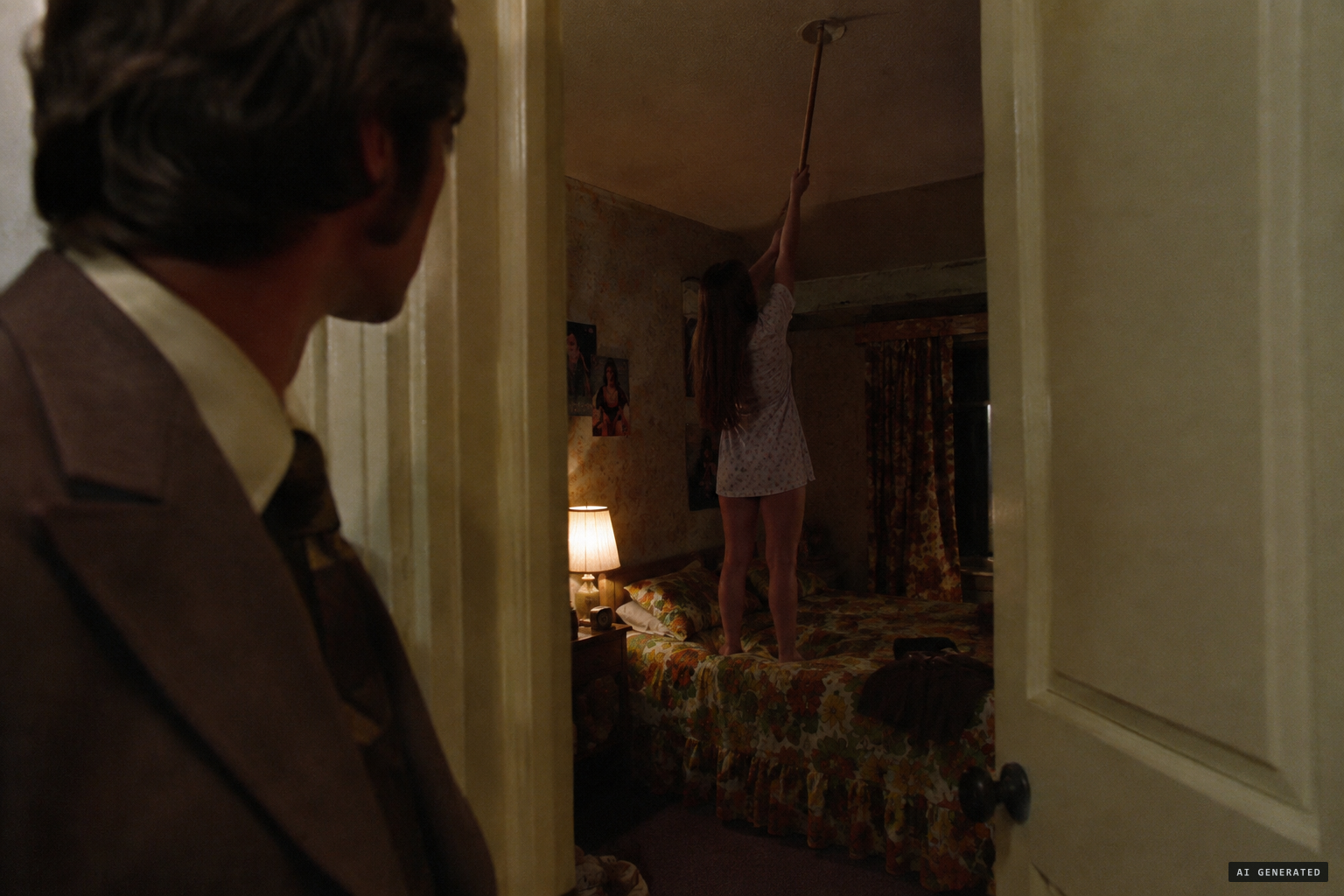 Grosse sees Janet bang a broom handle on the ceiling