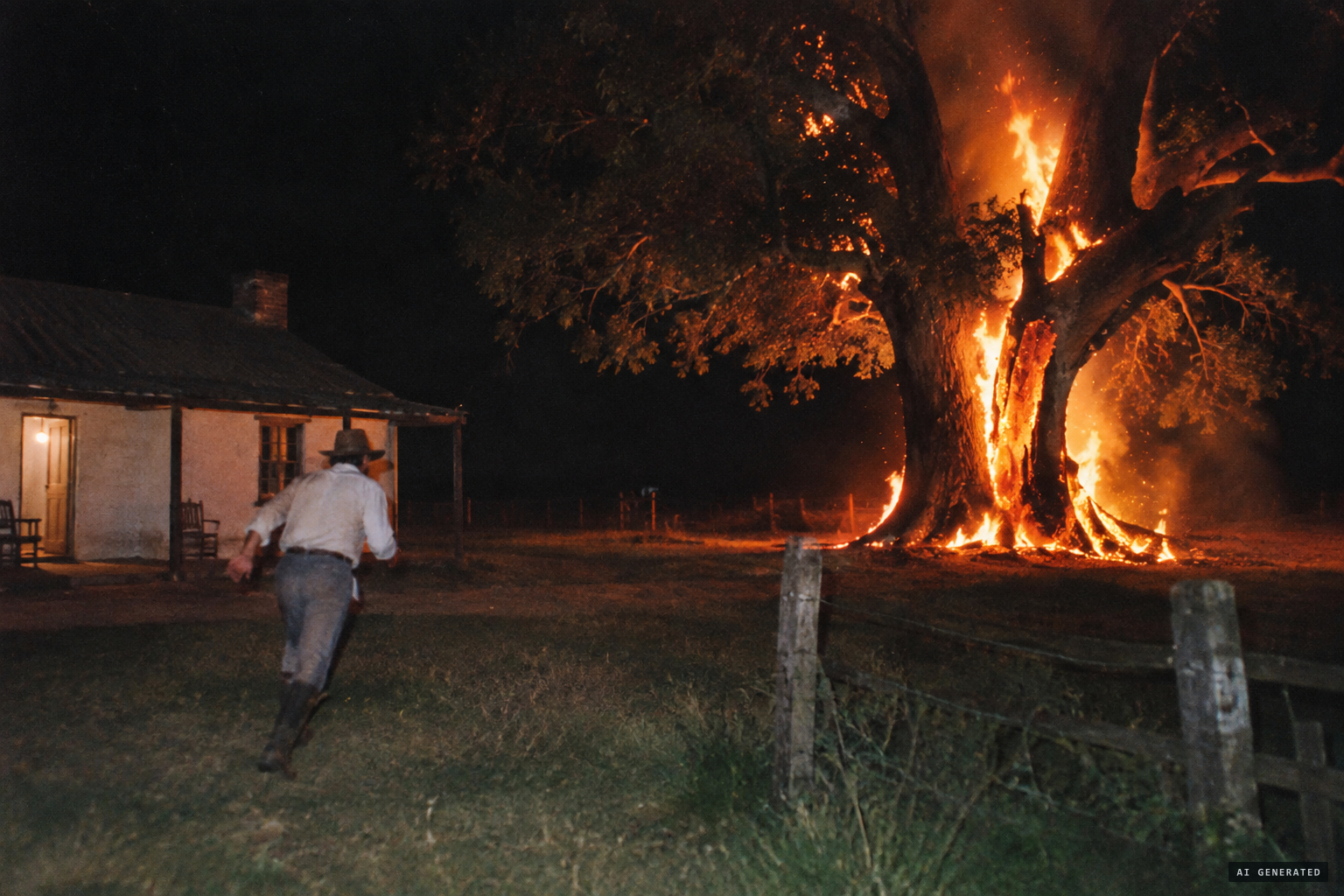 Ángel María Tonna finds the old ombú tree burning in the night