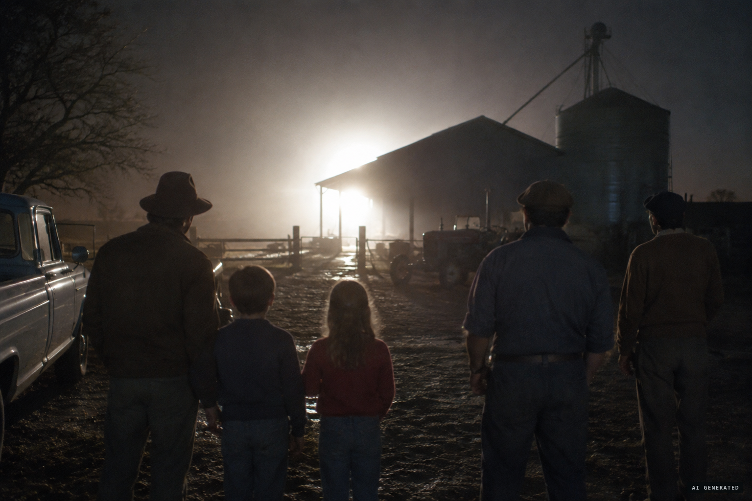 Tonna, his children and farmhands see a strong light behind the feed shed