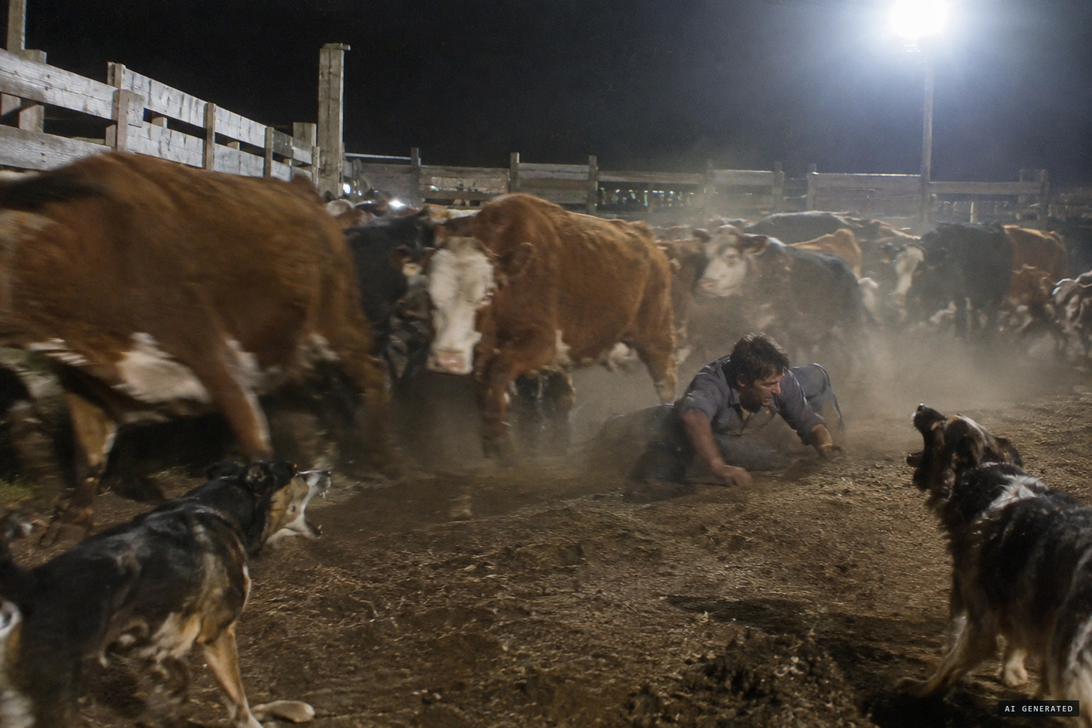 The cows stampede, trampling a worker, and the dogs howl in terror